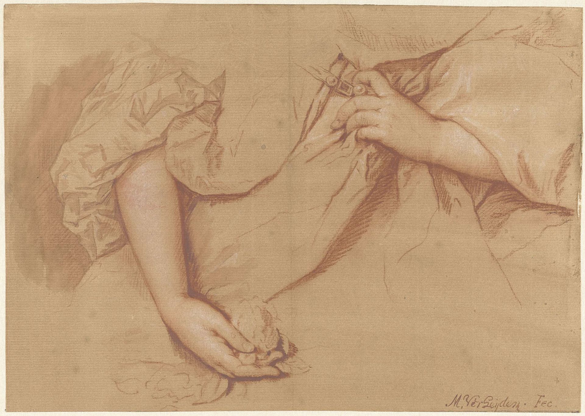 Studie van een linker- en rechterarm op een wijde jurk by Mattheus Verheyden