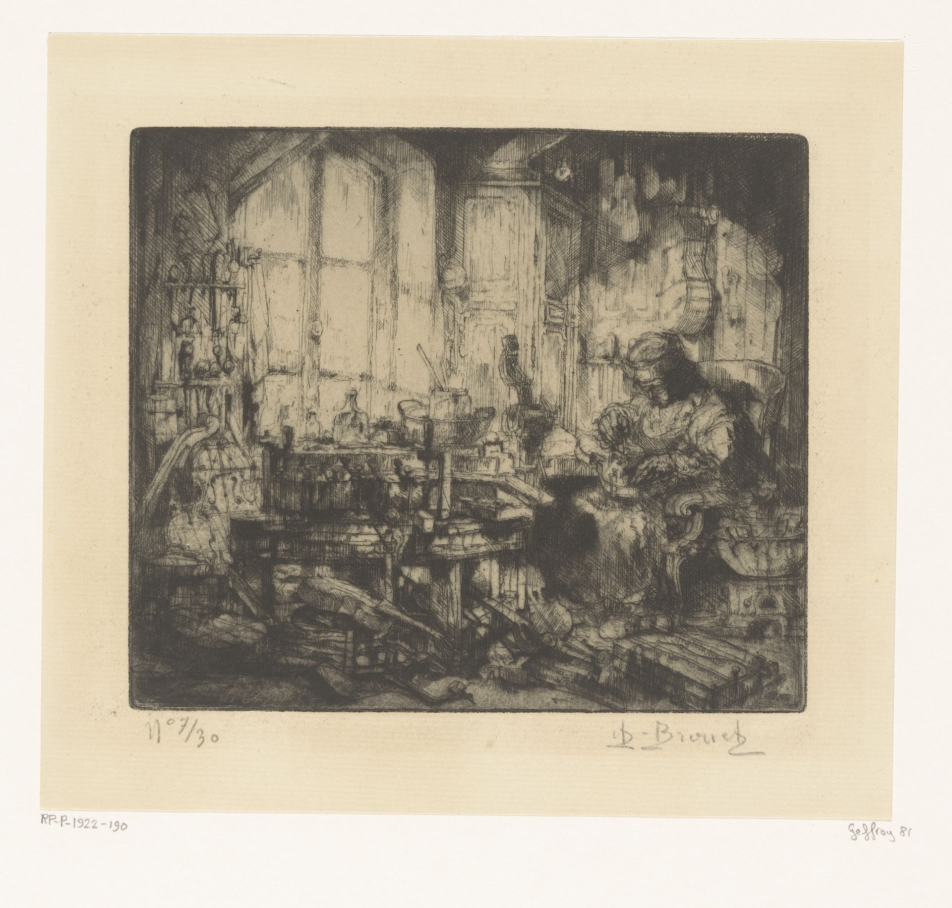 Instrumentenbouwer in zijn werkplaats by Auguste Brouet