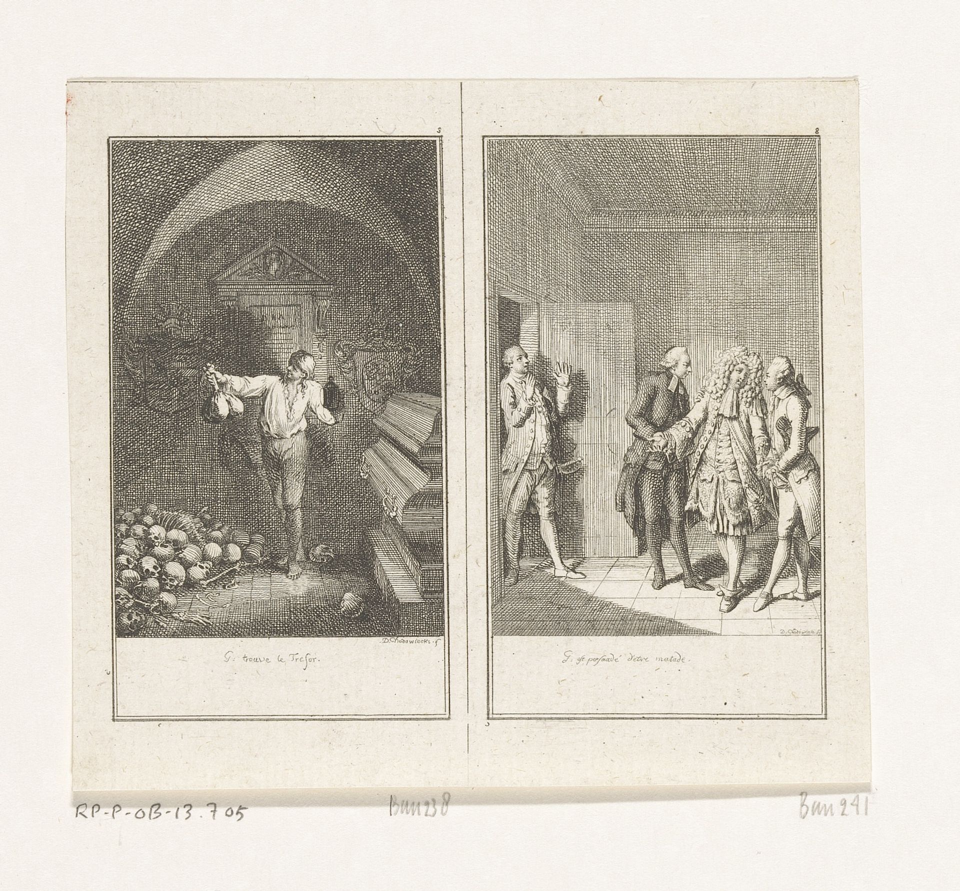 Twee scènes uit de geschiedenis van Blaise Gaulard by Daniel Nikolaus Chodowiecki