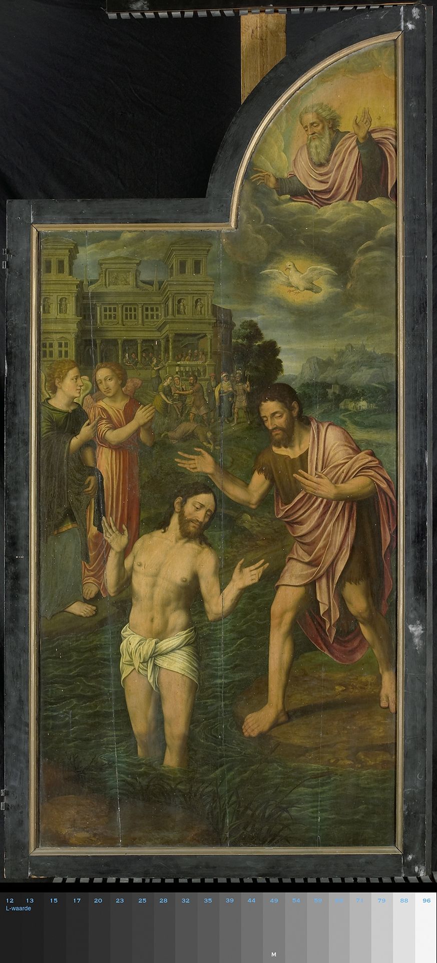 De doop van Christus in de Jordaan, rechter paneel van een drieluik by Jan van (II) Coninxloo