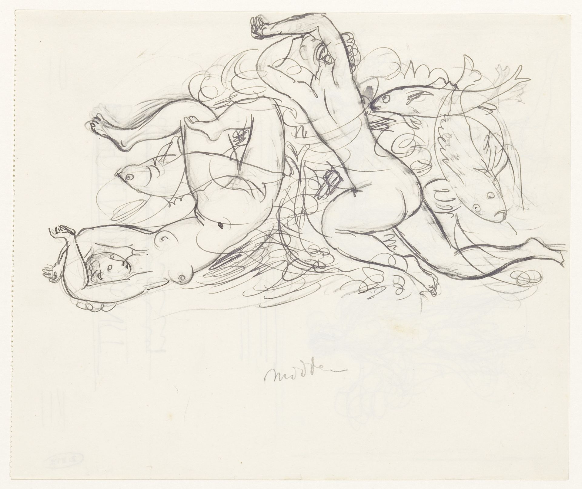 Twee naakte vrouwen en drie vissen by Leo Gestel