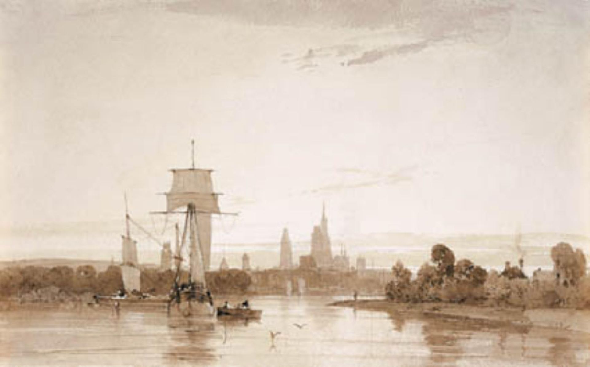 Udsigt fra Seinen mod Rouen domkirke og by. Morgen by François Louis Thomas Francia
