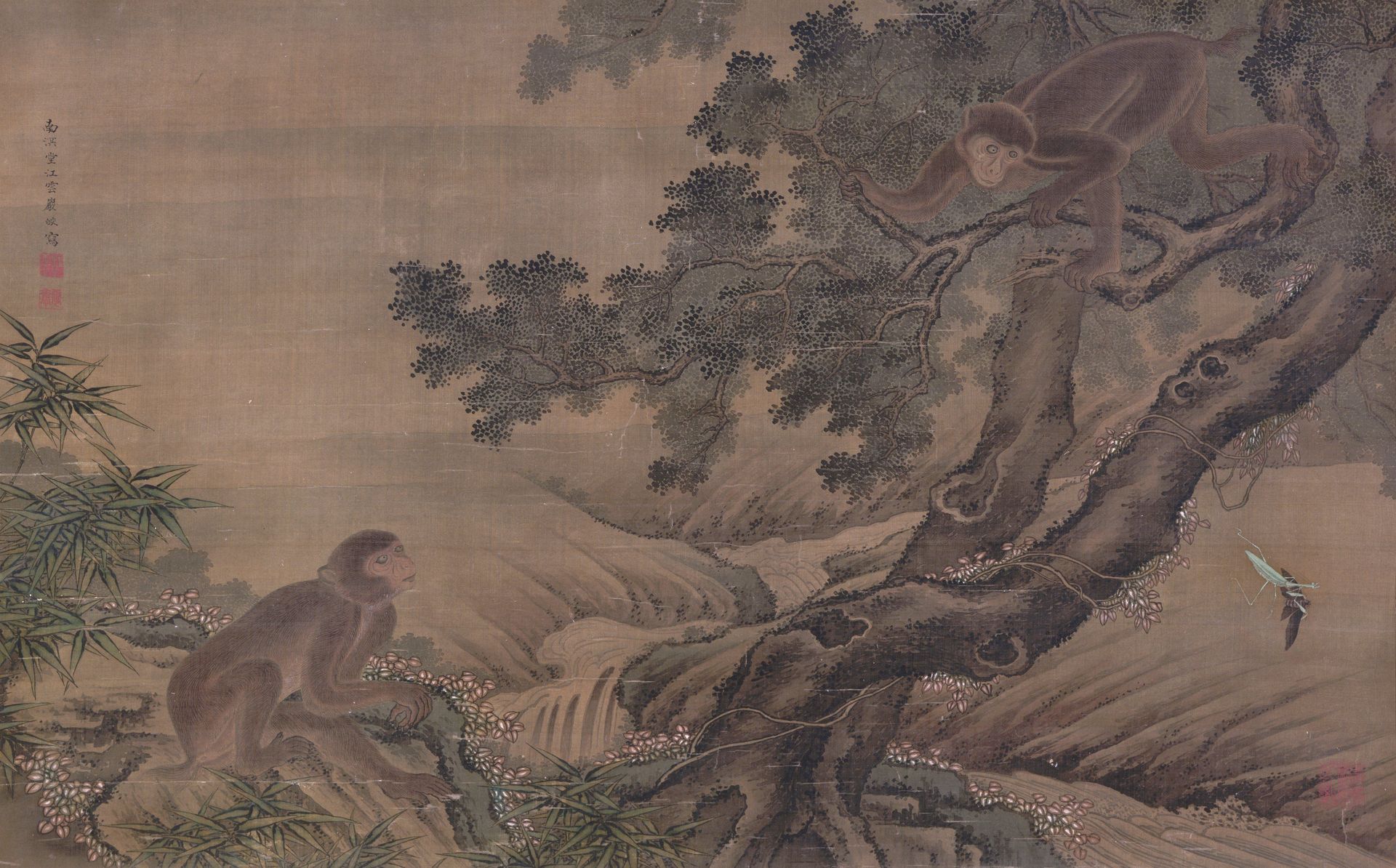 Monkeys Watching a Praying Mantis Catching a Wasp by Iwai Kōun