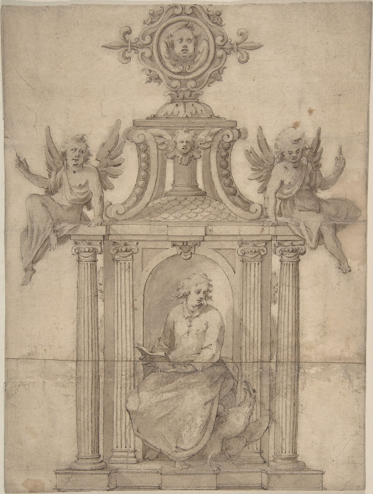 Ornamental Drawing, with St. John the Evangelist Seated in a Columned Niche, with Two Putti by Anonymous
