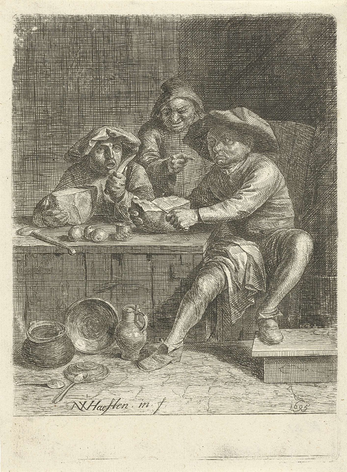 Boeren aan een tafel met brood by Nicolaes van Haeften