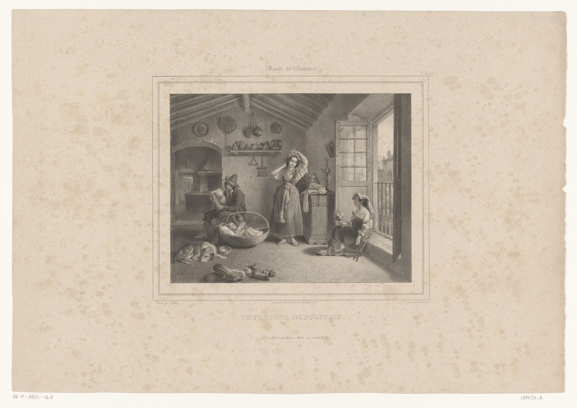 Napolitaans interieur met doedelzakspeler, baby en twee vrouwen by Jean-Baptiste Adolphe Lafosse