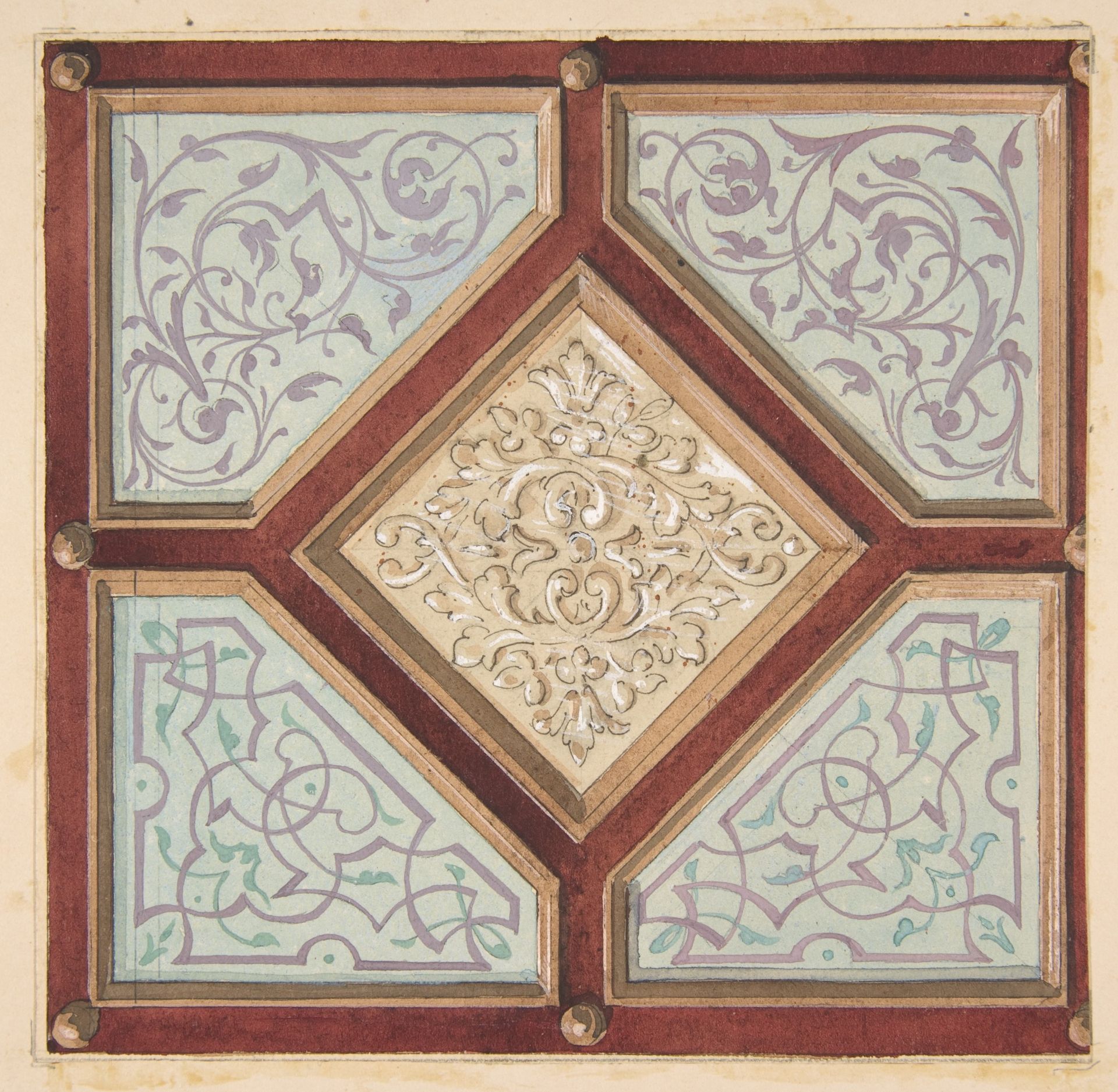 Design for a coffered ceiling with alternative decorative patterns by Jules-Edmond-Charles Lachaise