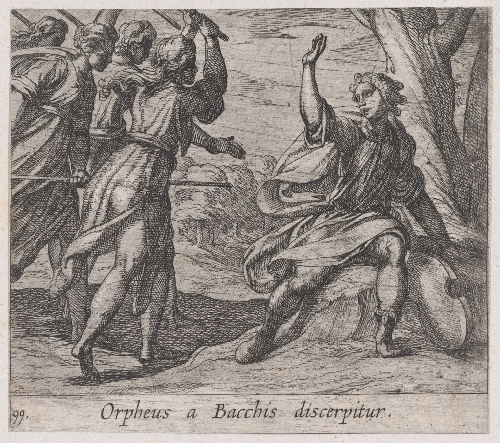 Plate 99: The Death of Orpheus (Orpheus a Bacchis discerpitur), from Ovid's 'Metamorphoses' by Antonio Tempesta