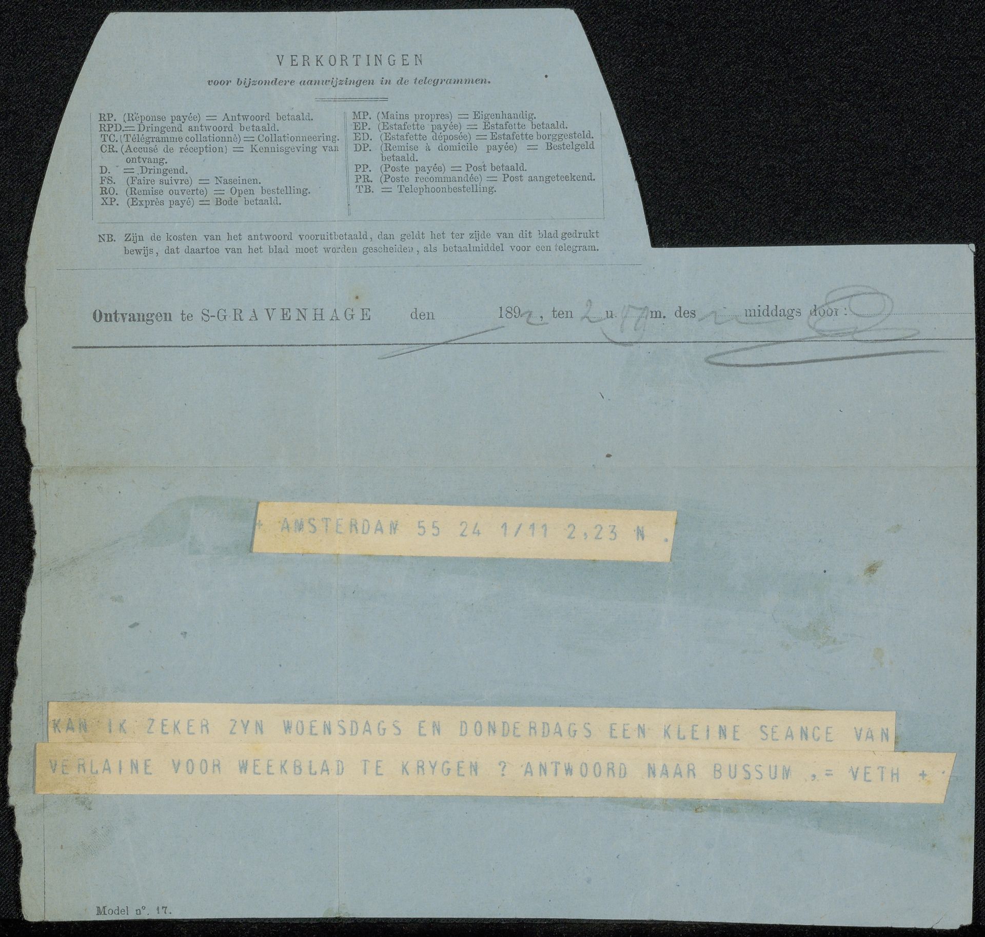 Telegram aan Philip Zilcken by Jan Veth