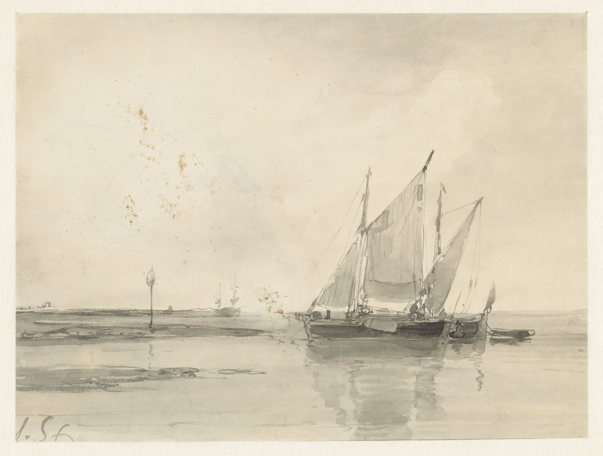Twee schepen op een kalme rivier by Andreas Schelfhout