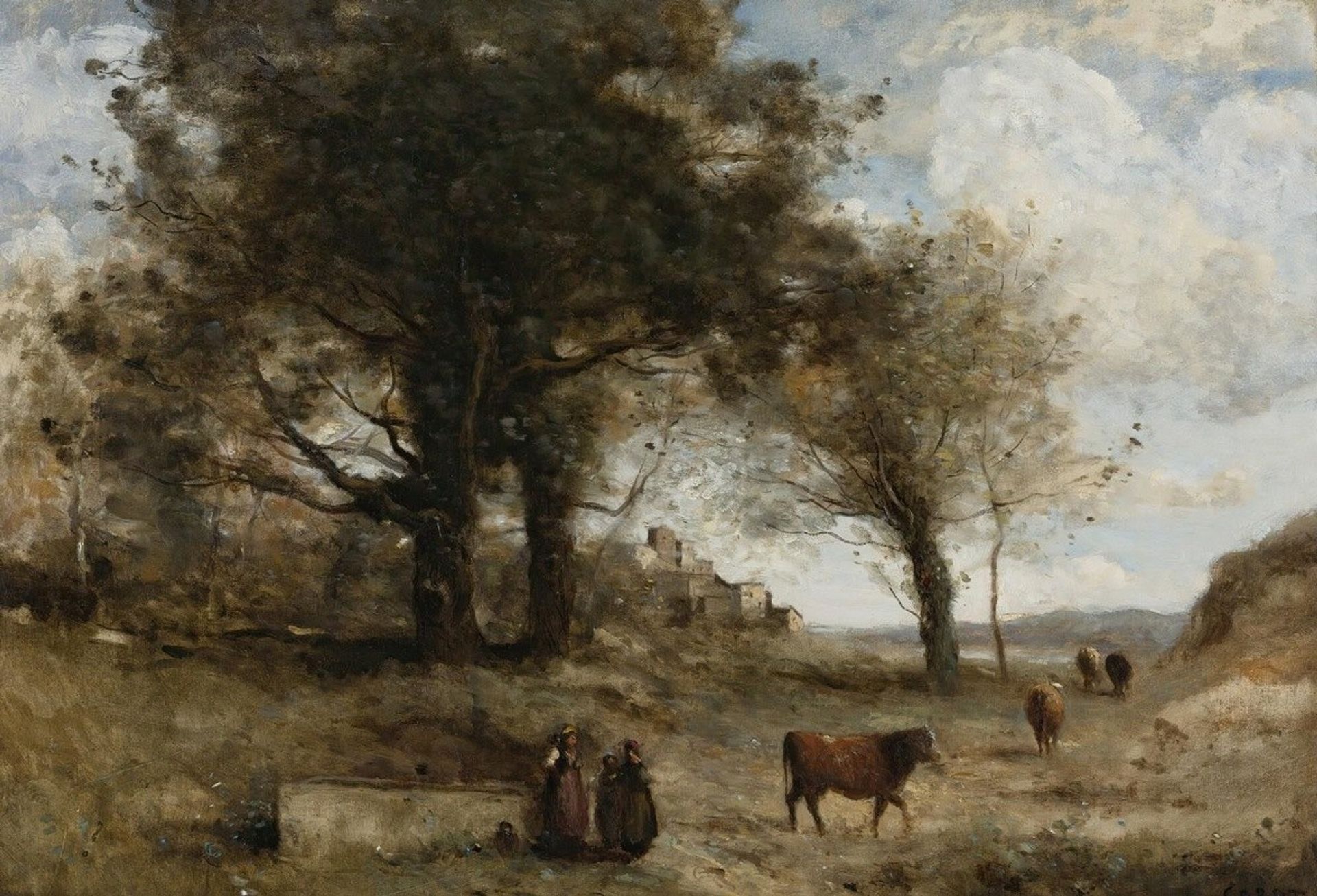 Les Vachères À La Fontaine by Camille Corot