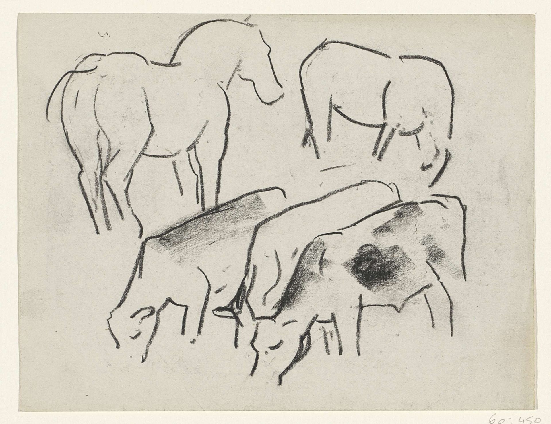 Drie grazende koeien en twee paarden by Leo Gestel