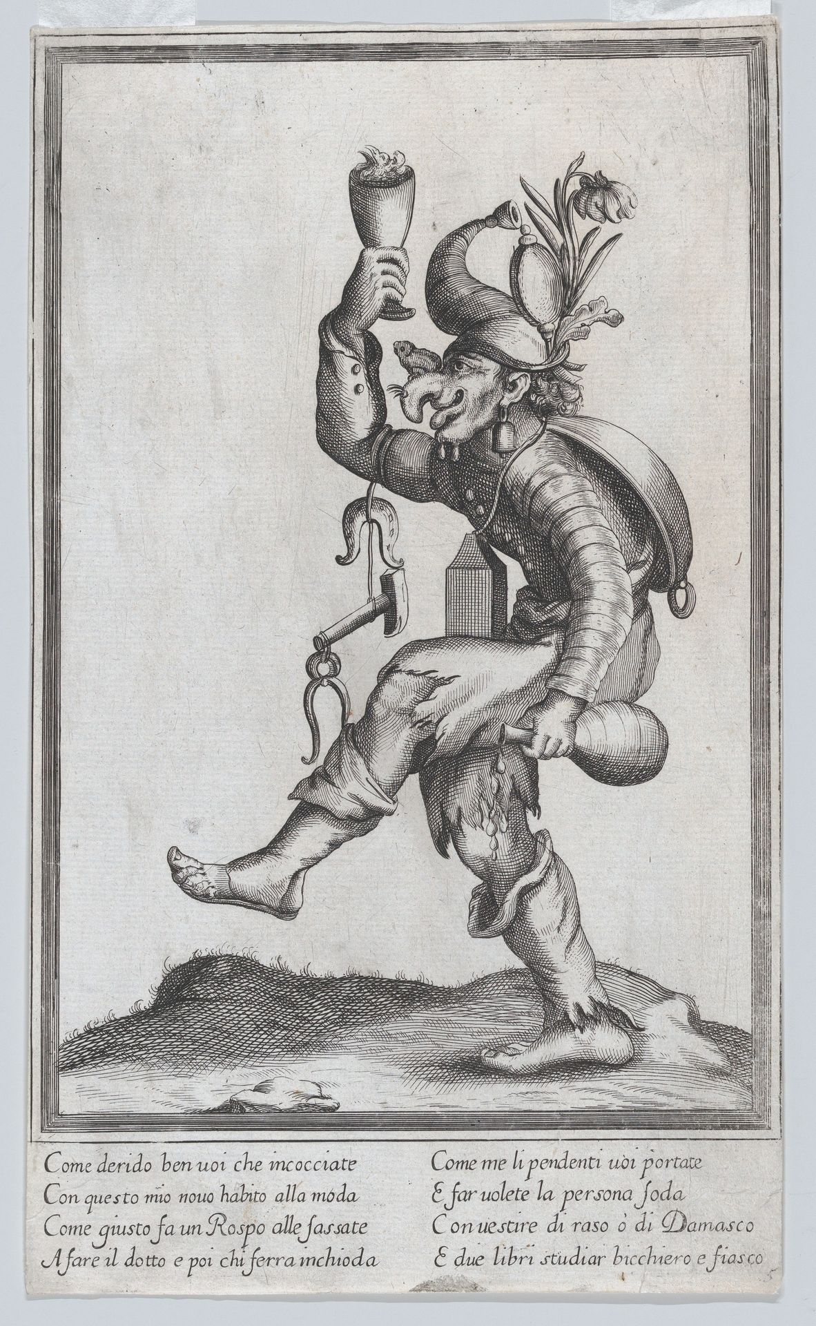 A caricature figure (a carpenter?) with a toad on his nose, carrying various implements walking to the left by Anonymous