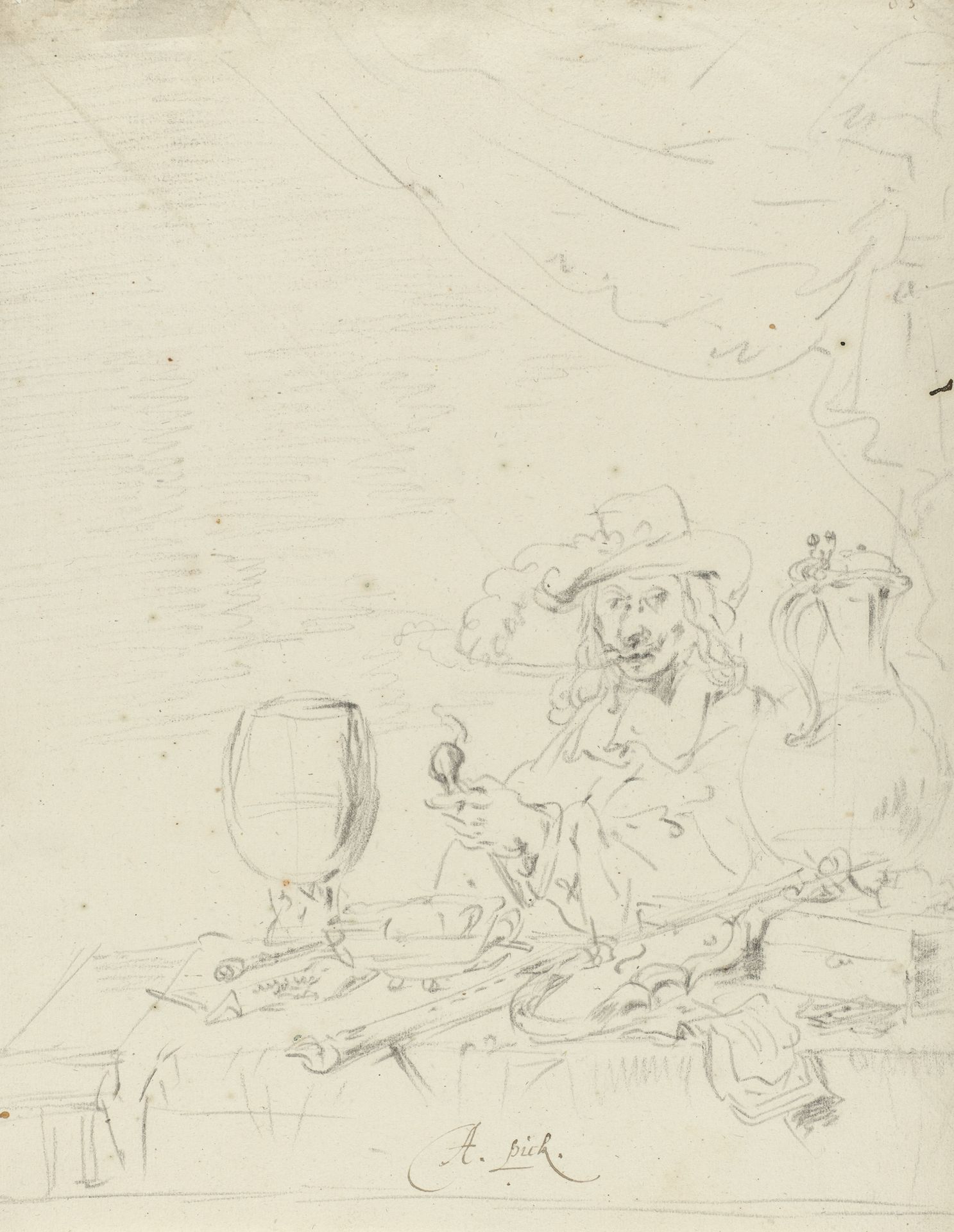 Pijprokende man aan een tafel by Leonaert Bramer