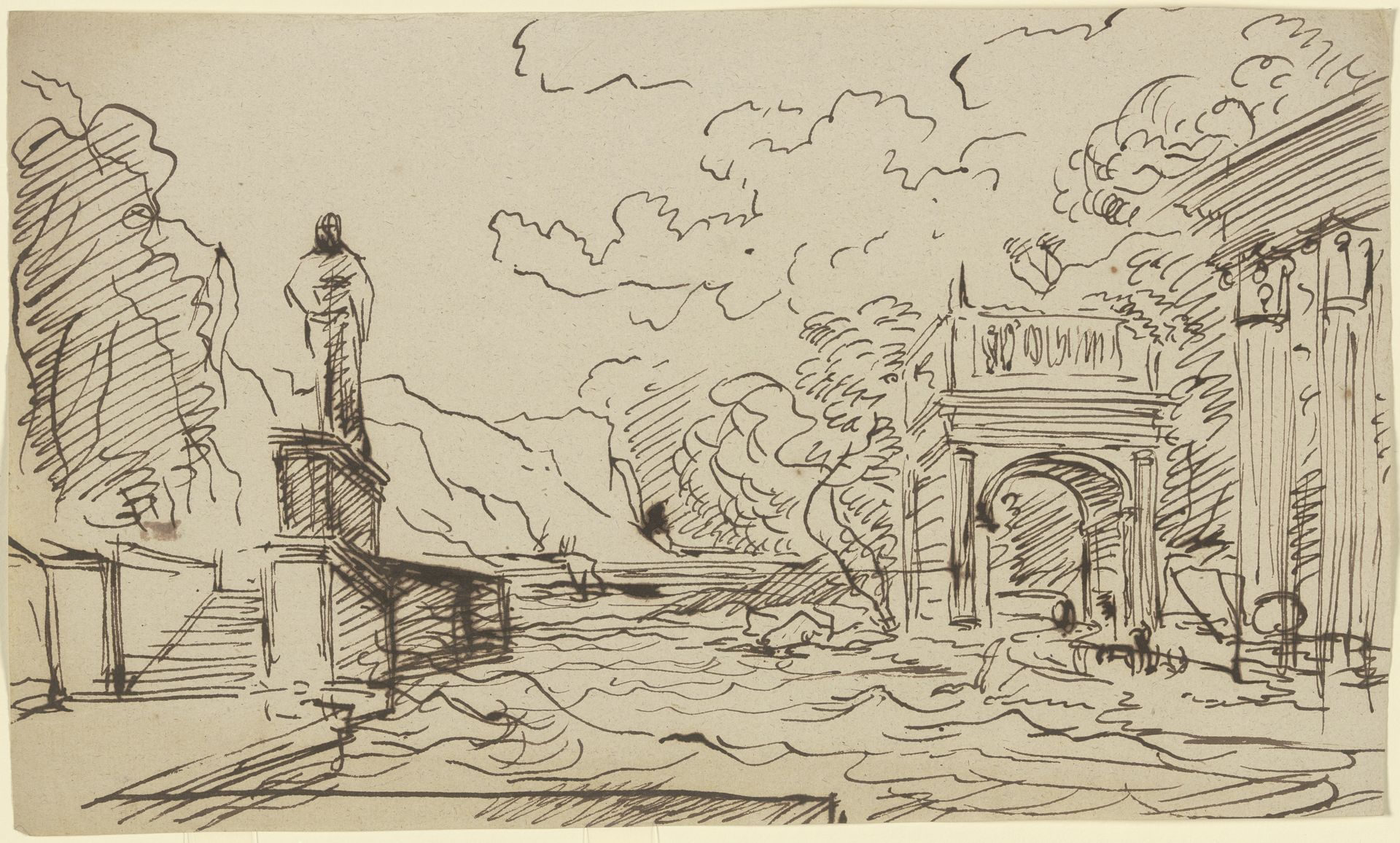Antike Gebäude und eine Statue an einem Gewässer by Franz Kobell