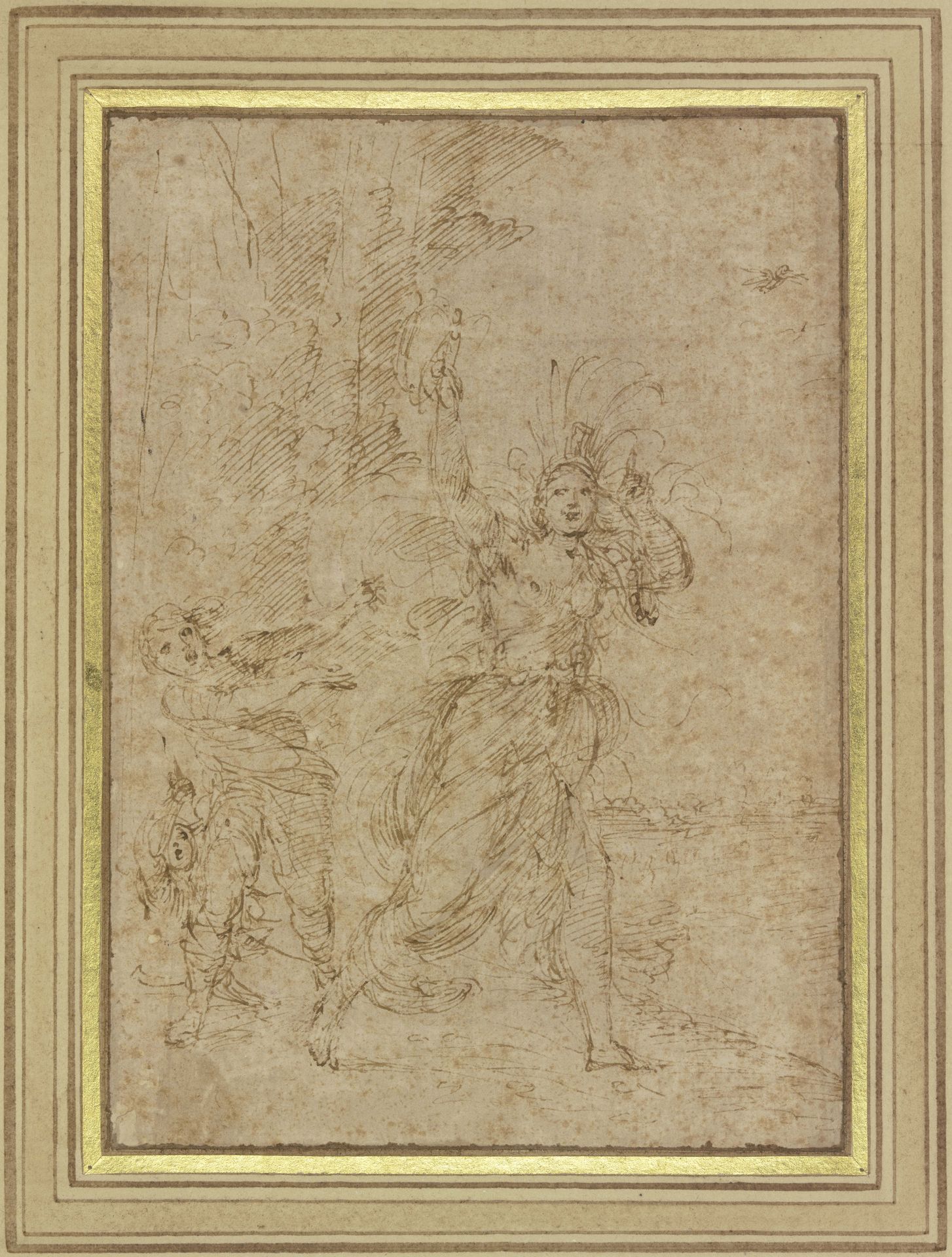 Eine Frau (_La Pazza_) mit sonderbarem Kopfputz flieht vor zwei Verfolgern by Ludovico Carracci