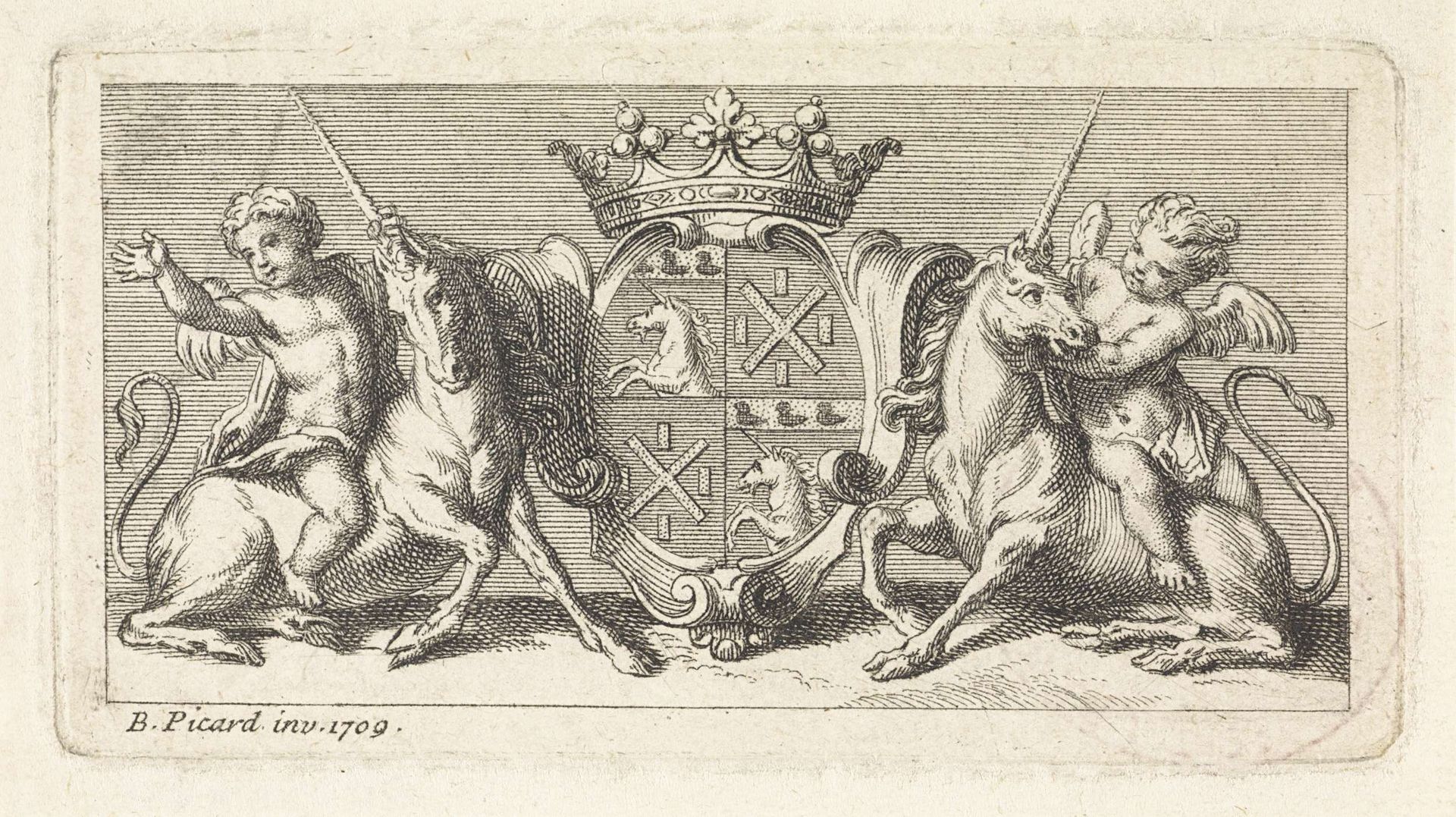 Gekroond wapenschild geflankeerd door eenhoorns by Bernard Picart