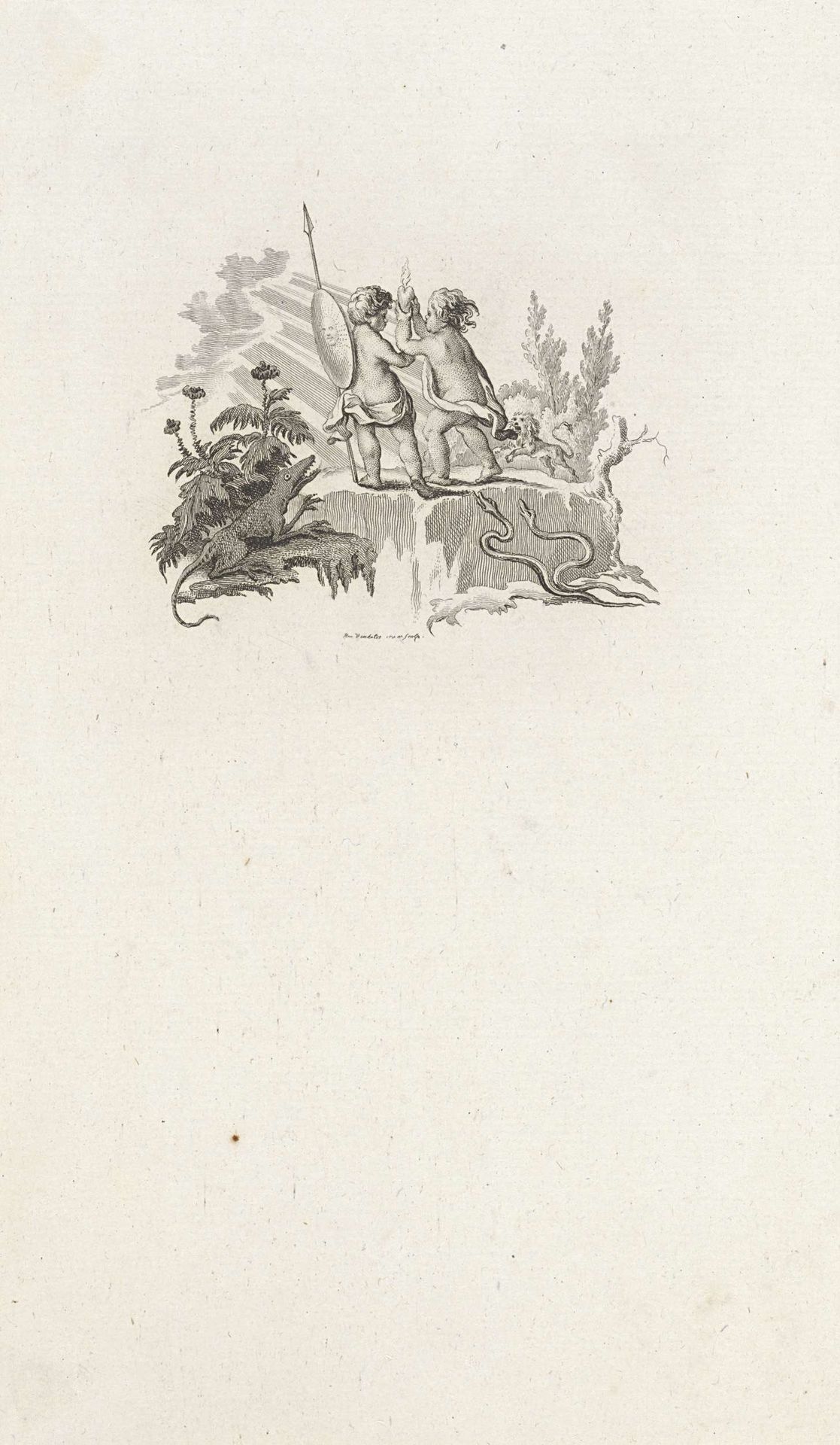 Vignet met twee putti met een brandend hart in een gevaarlijk gebied by Reinier Vinkeles