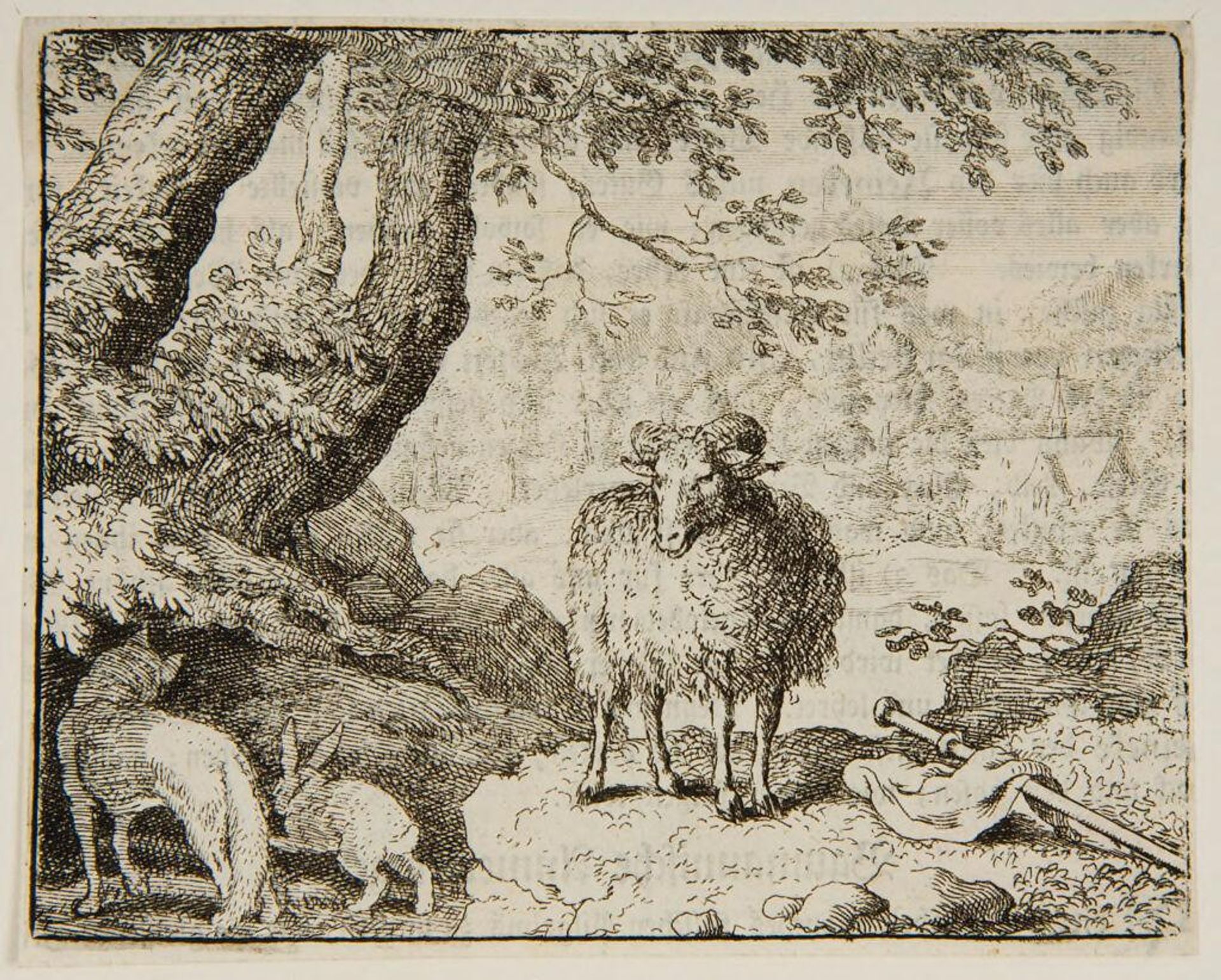 Ram stand watch over fallen pole as Reynard and rabbit scurry off by Allart van Everdingen