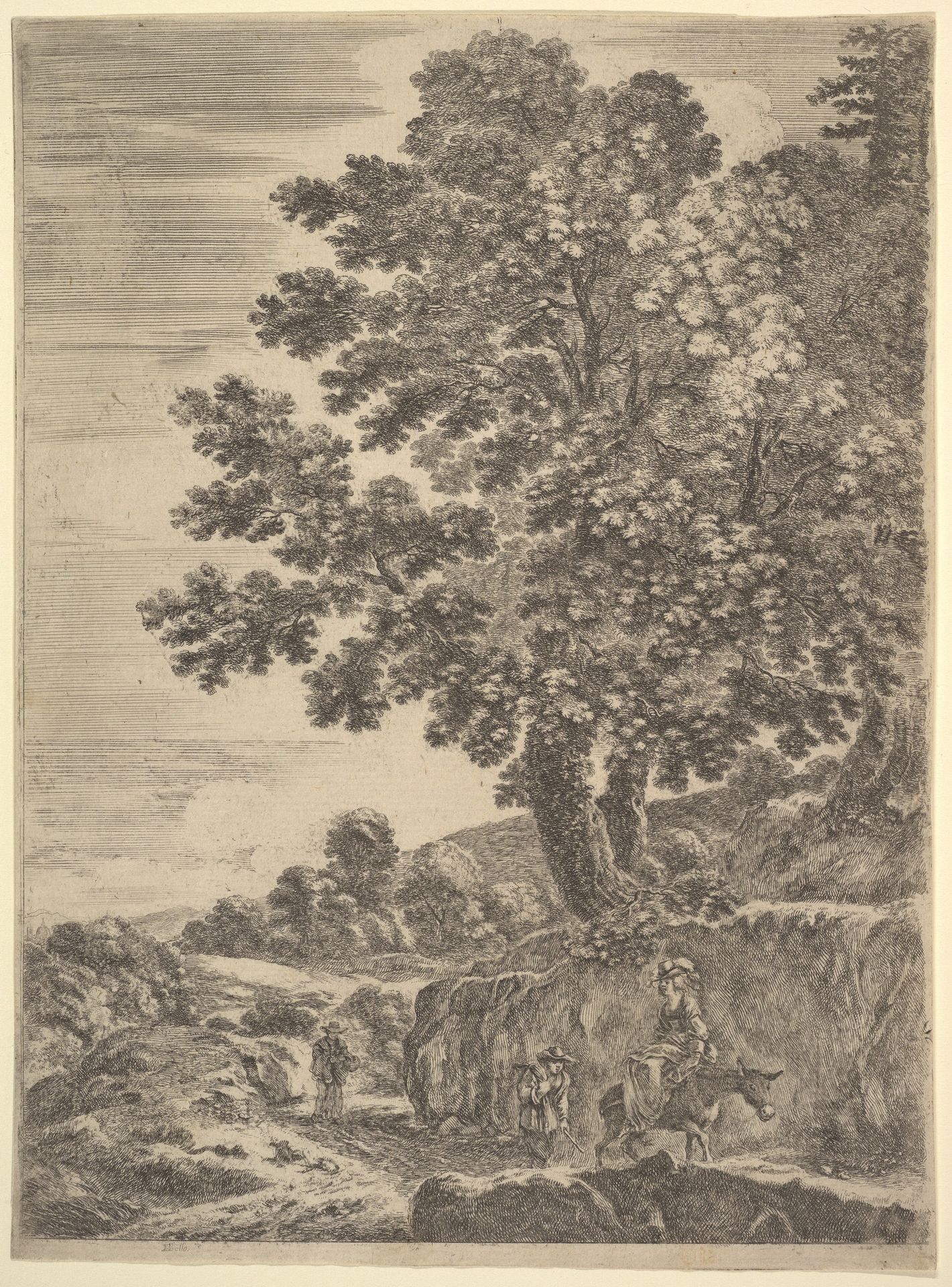 A young woman seated on a donkey wearing a hat with a feather riding towards the right, two men follow to left, a large tree above to right, from 'Four large landscapes' (Quatre grands paysages en hauteur) by Stefano della Bella
