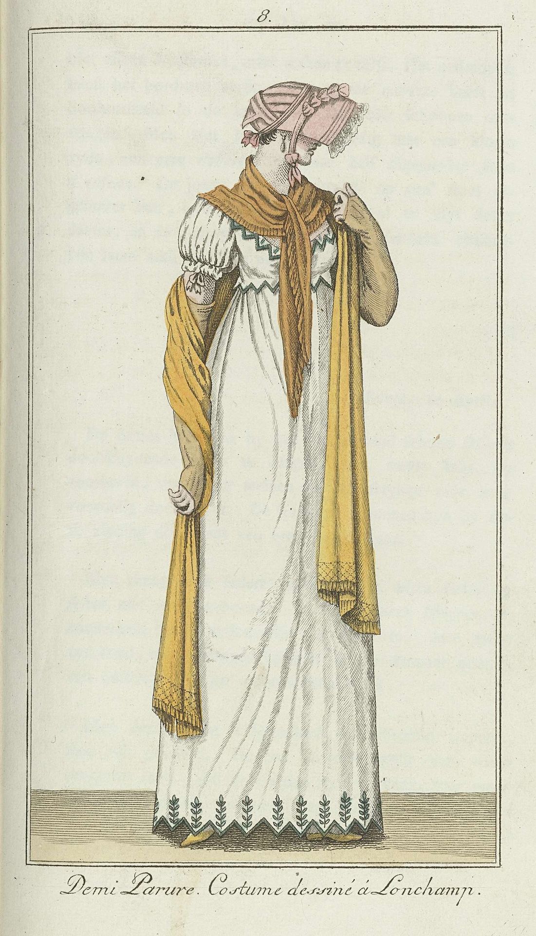 Elegantia, of tijdschrift van mode, luxe en smaak voor dames, April 1807, No. 8: Demi Parure. Costume dessiné à Longchamp. by Anonymous