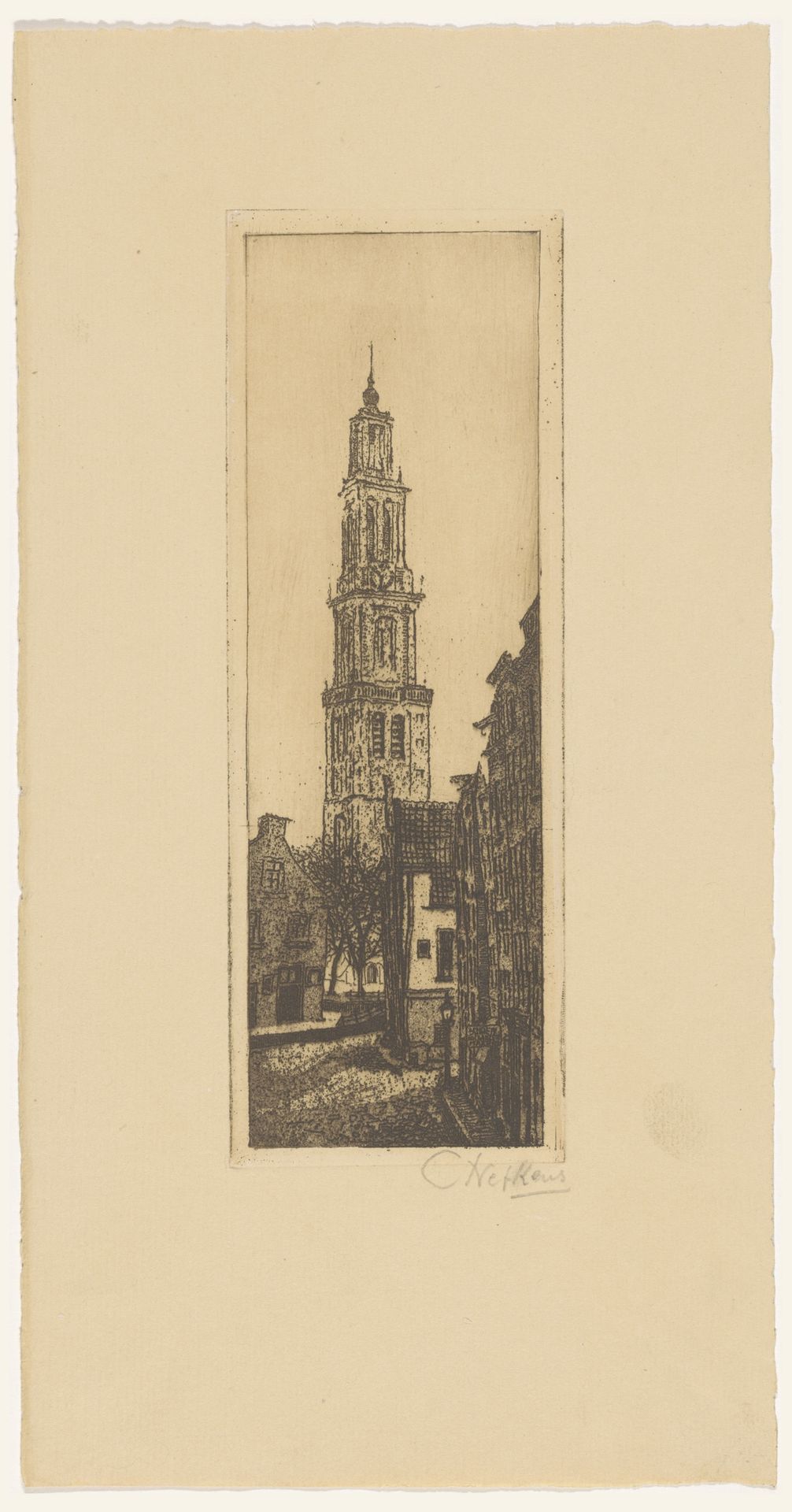 Straatgezicht met kerktoren by Constant Nefkens