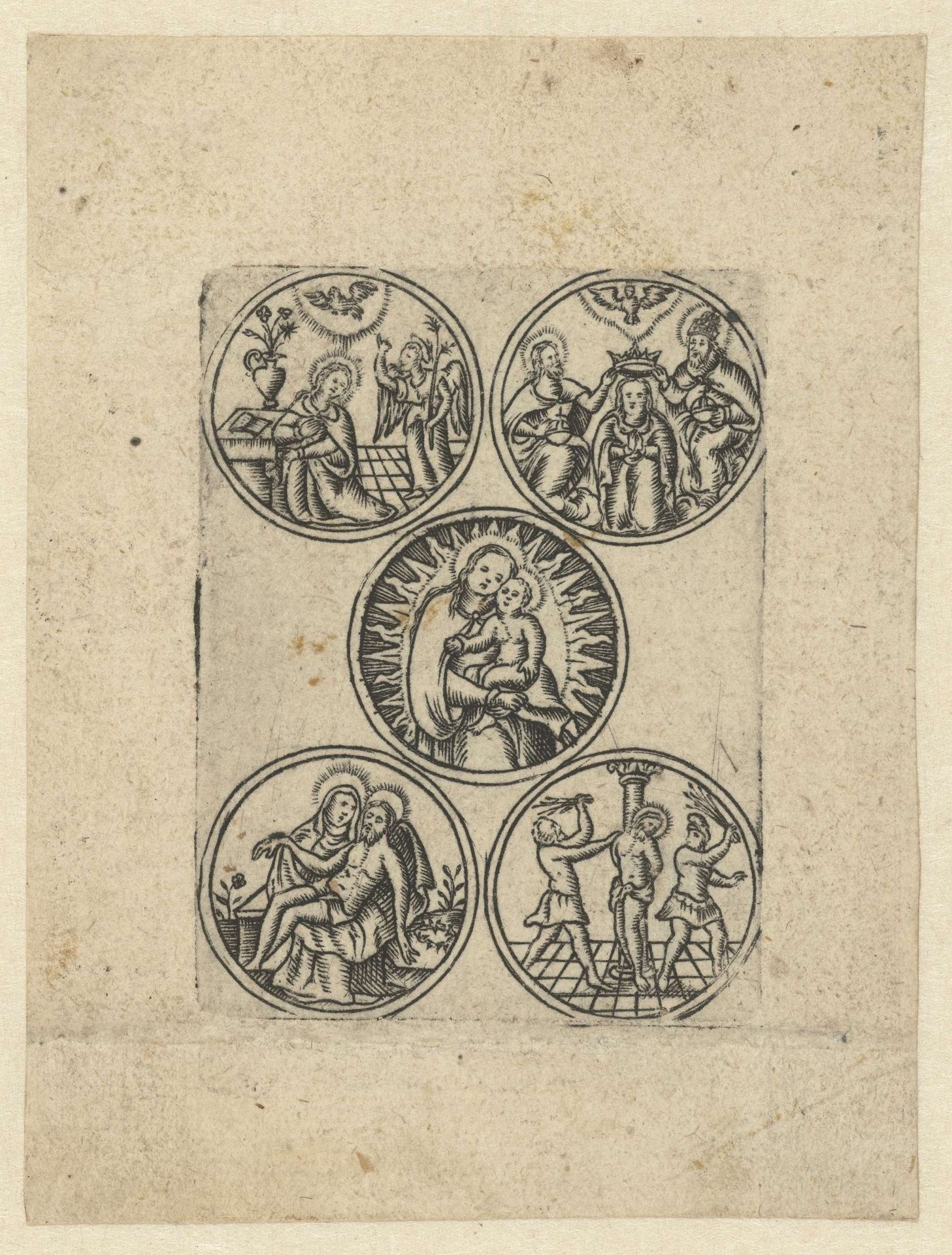 Maria met kind en vier scènes uit haar leven. by Monogrammist S (16e eeuw)