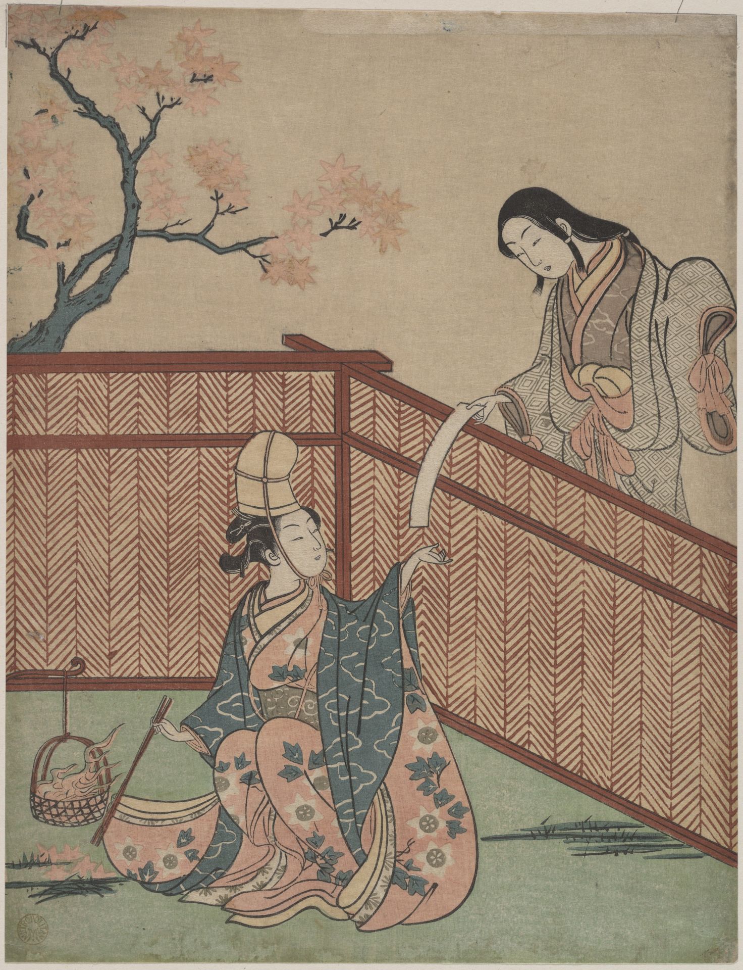 Warming the Sake by Maple Leaf Fire by Suzuki Harunobu 鈴木春信