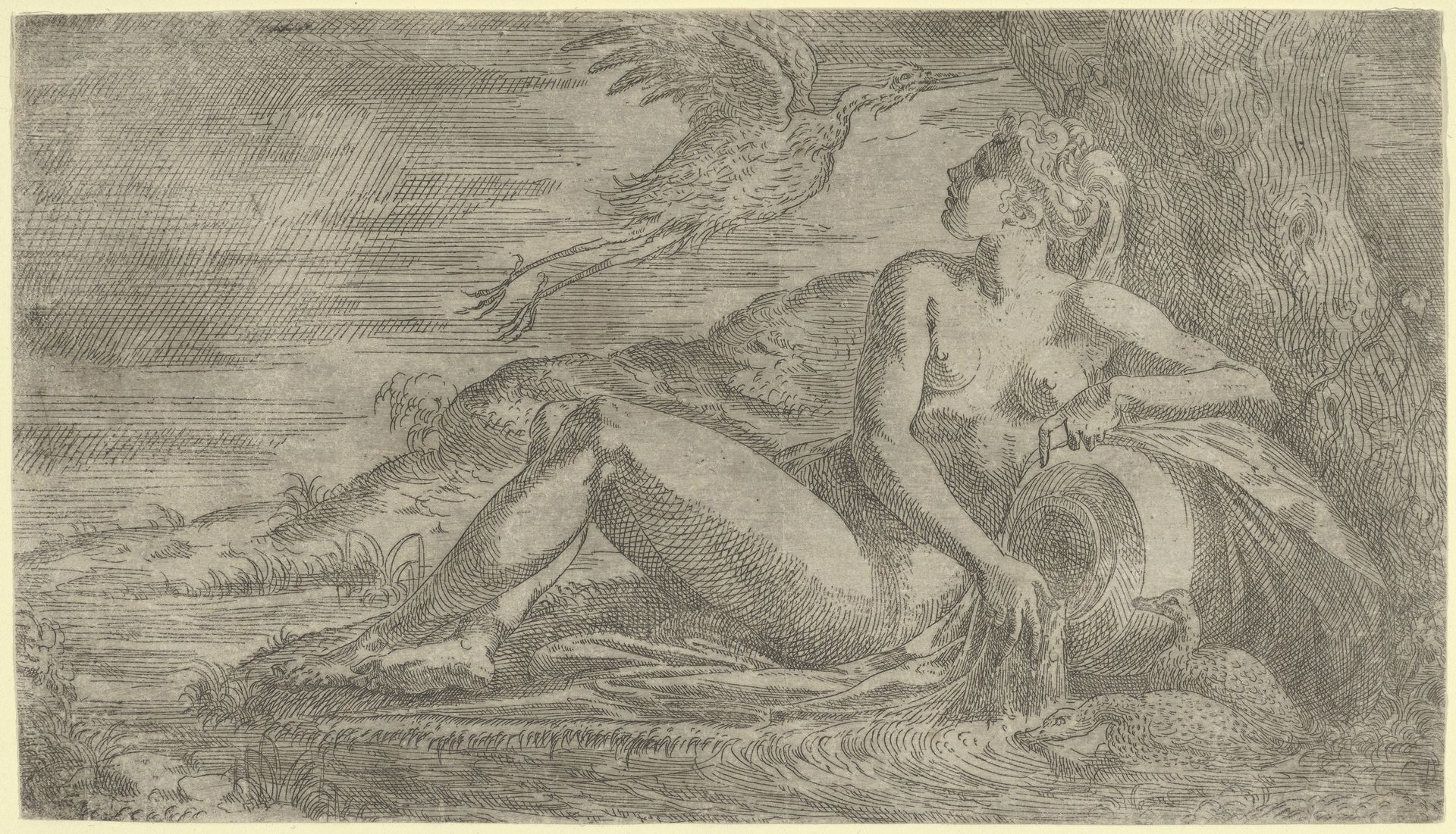 Nymph Watching a Heron Flying Away by Léon Davent