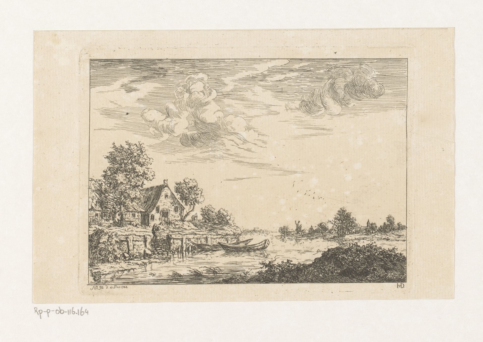 Rivierlandschap met dorp en twee aangemeerde boten by Christian Ludwig von Hagedorn