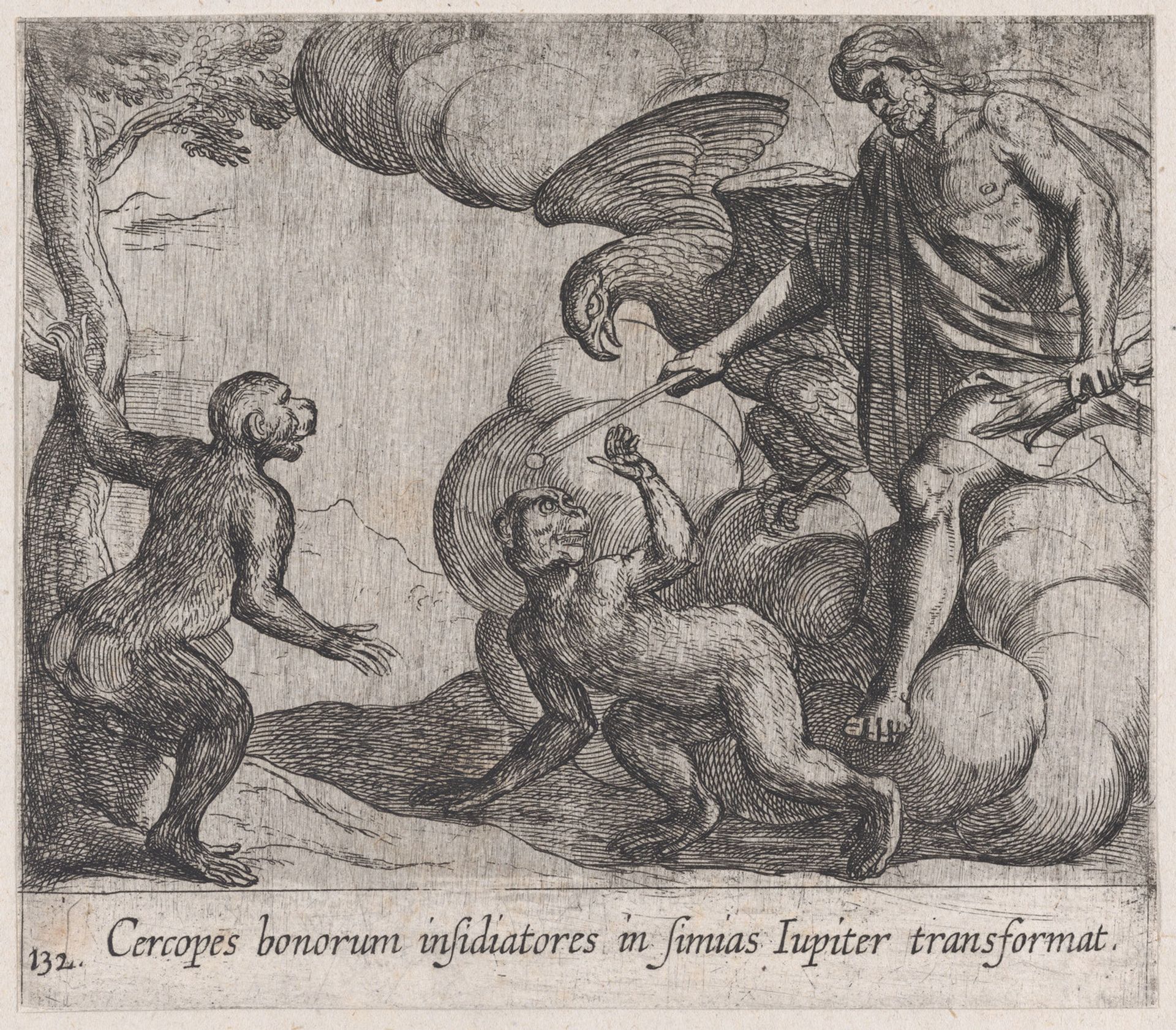 Plate 132: Jupiter Changing the Cercopians into Monkeys (Cercopes bonorum insidiatores in Simias Iupiter transformat), from Ovid's 'Metamorphoses' by Antonio Tempesta