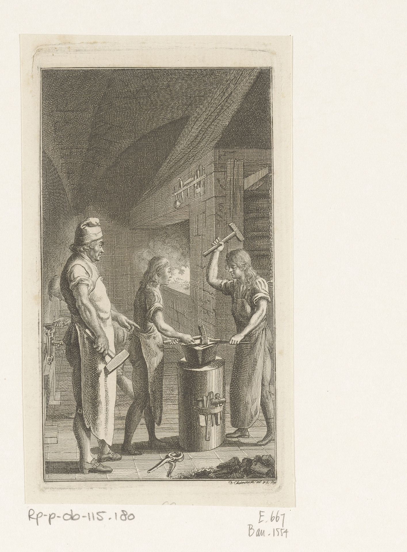 Les in de werkplaats van de smid by Daniel Nikolaus Chodowiecki