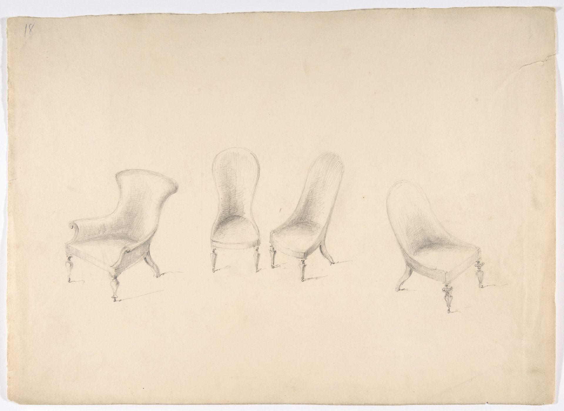Design for Four Uphostered Chairs on Casters, One with Arms by Anonymous