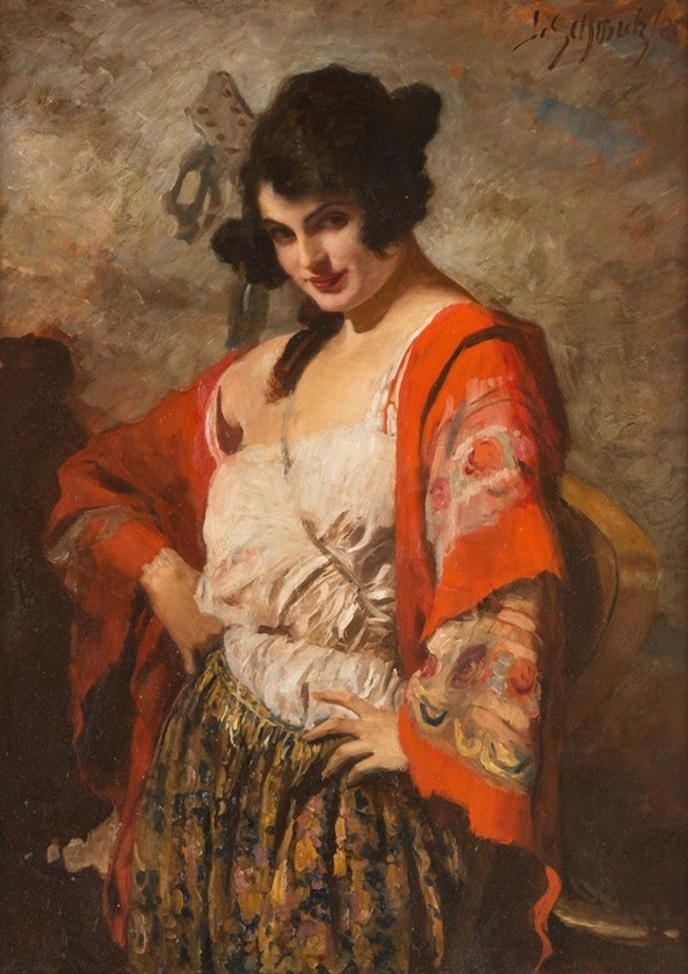 Spanish beauty with guitar by Leopold Schmutzler
