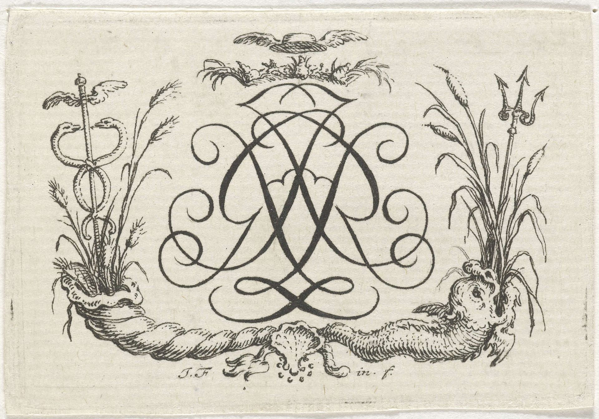 Vignet met caduceus en drietand by Jacob Folkema