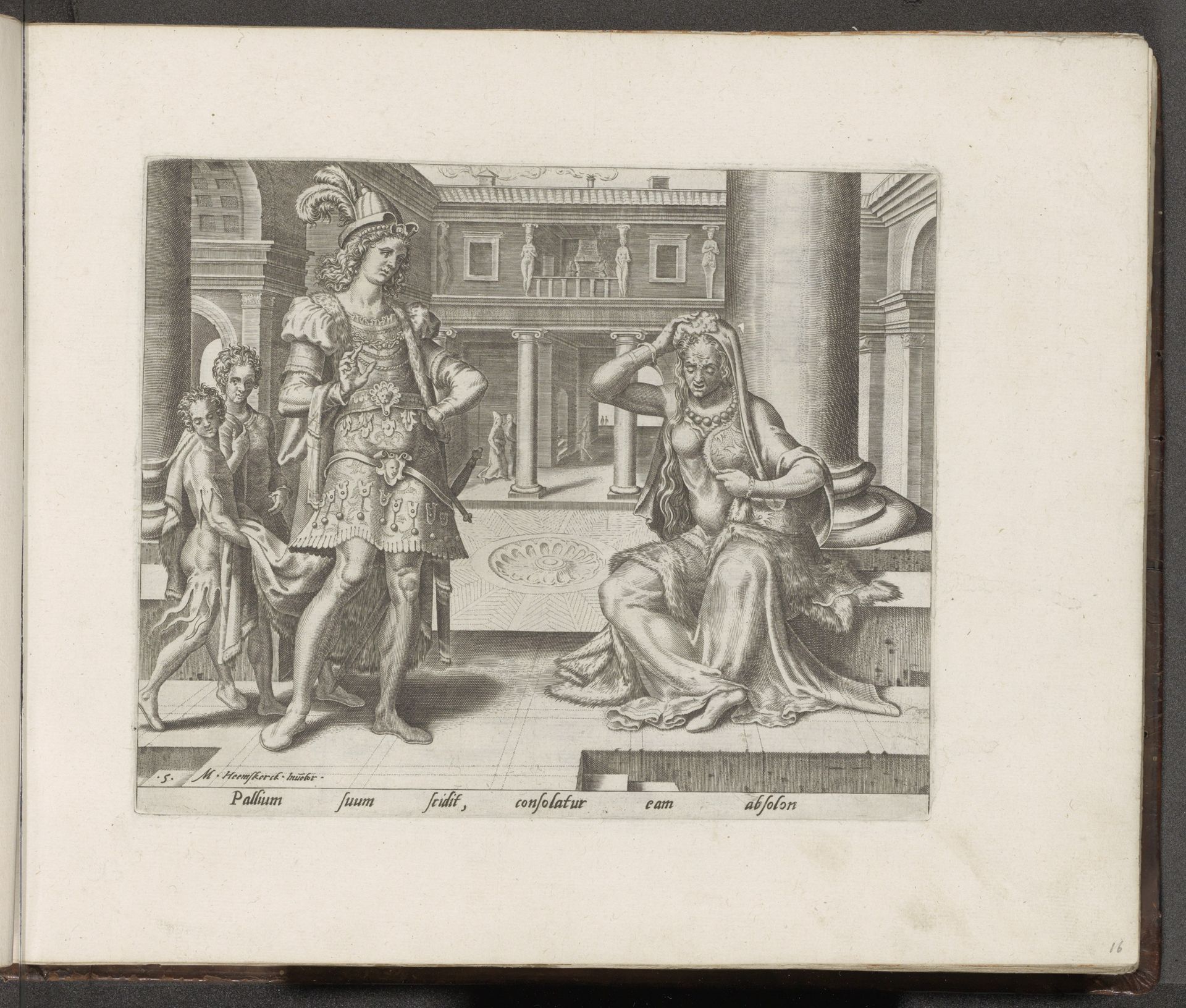 Absalom spreekt de jammerende Tamar toe by Philips Galle
