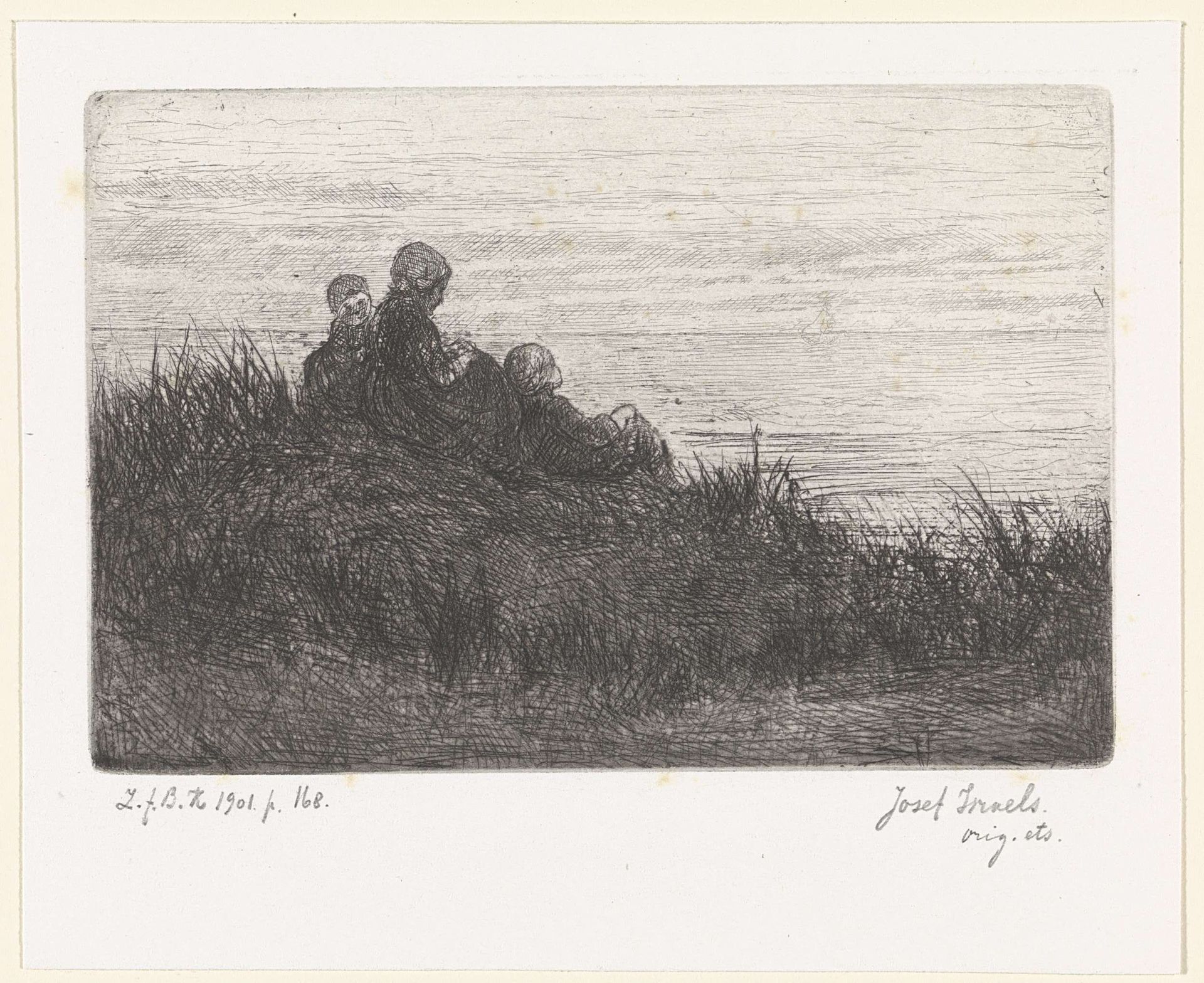 Duinlandschap met moeder en kinderen by Jozef Israëls