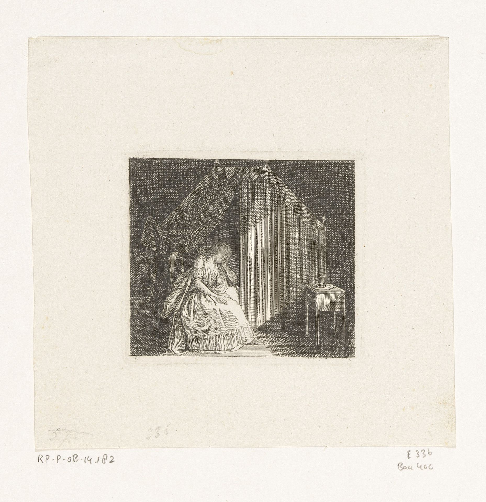 Elise slapend op een stoel voor haar bed by Daniel Nikolaus Chodowiecki