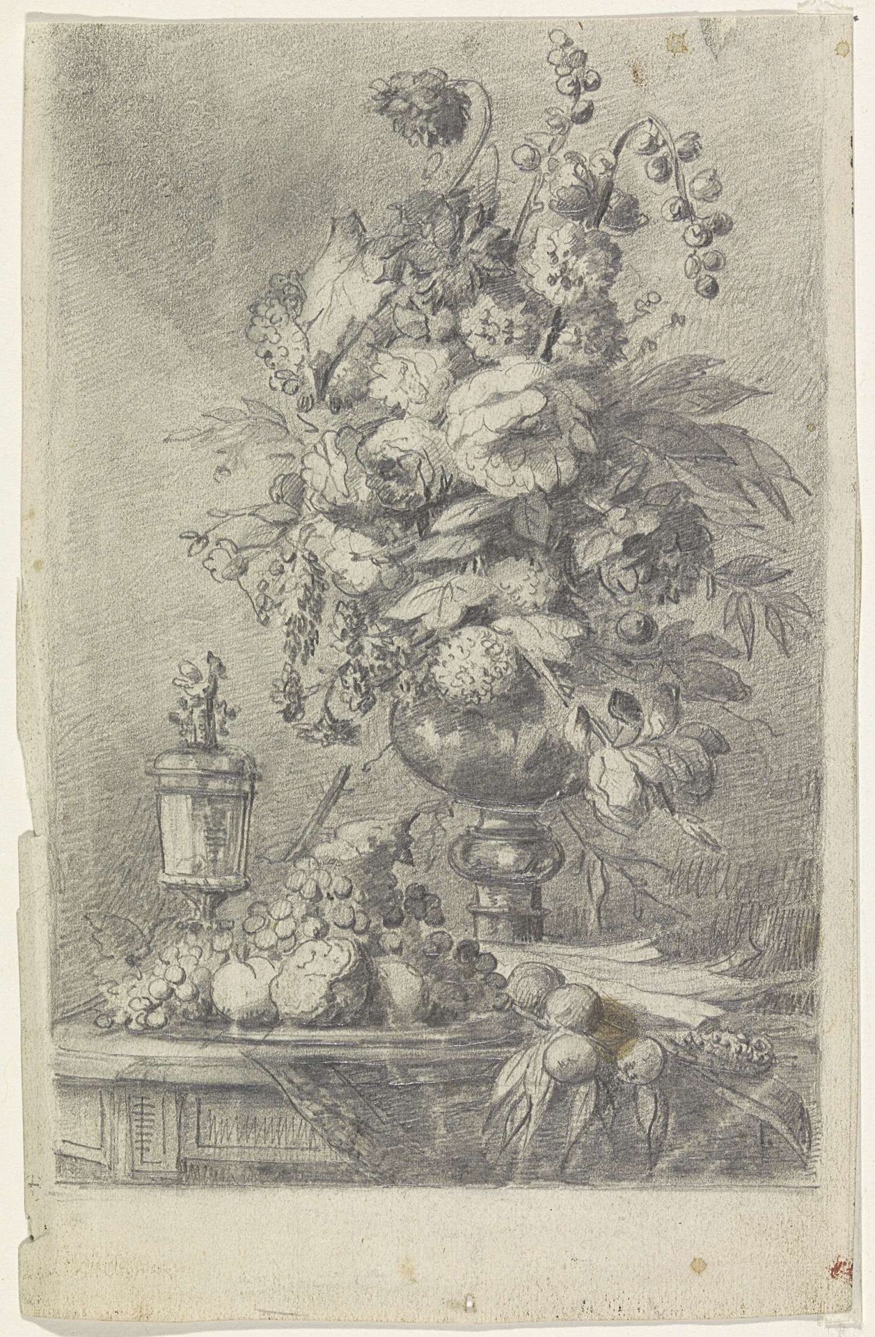 Stilleven met een schaal vruchten en een vaas met bloemen by Lucas Victor Schaefels