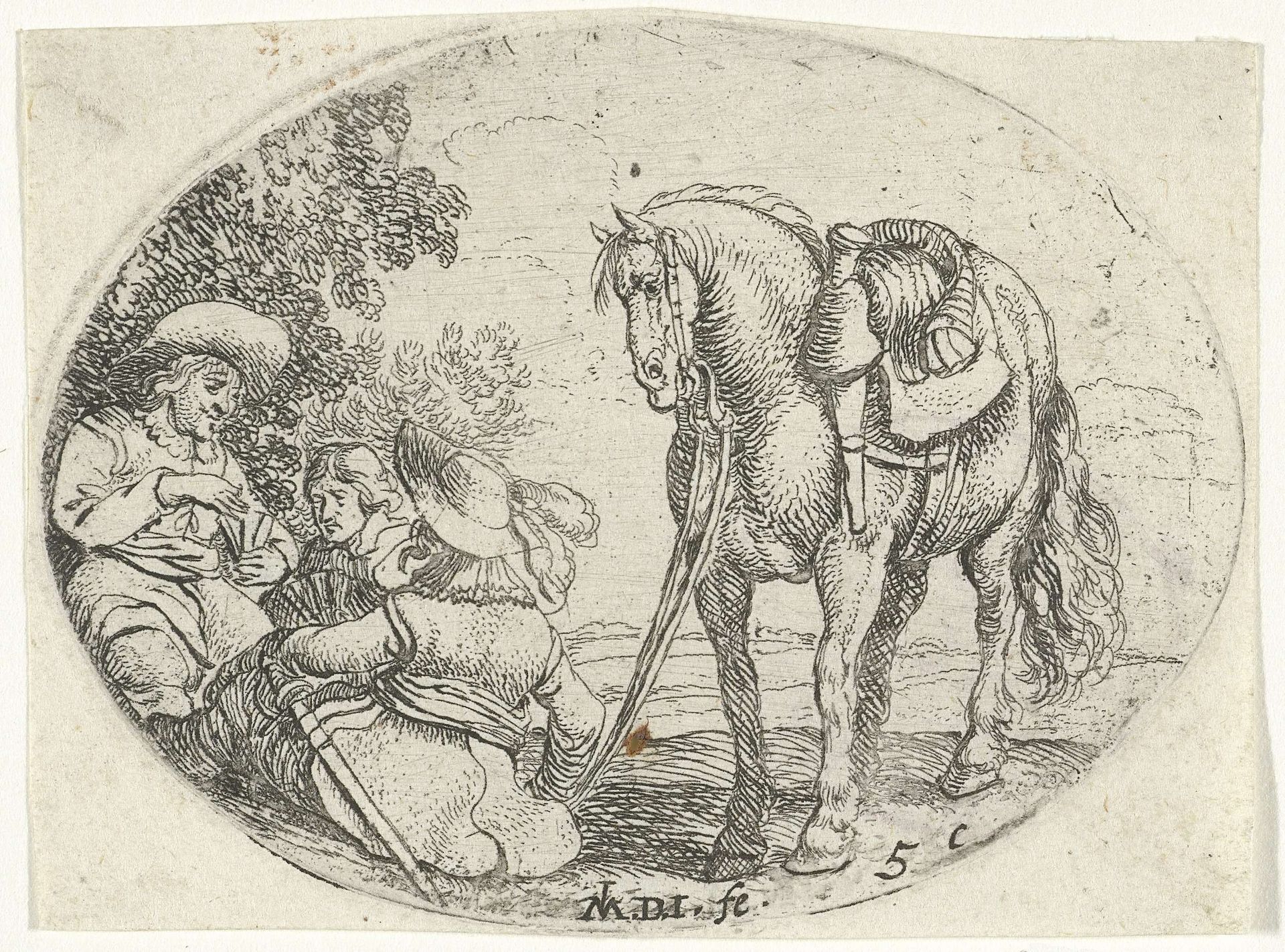Drie kaartende soldaten naast een paard by Jan Martszen de Jonge