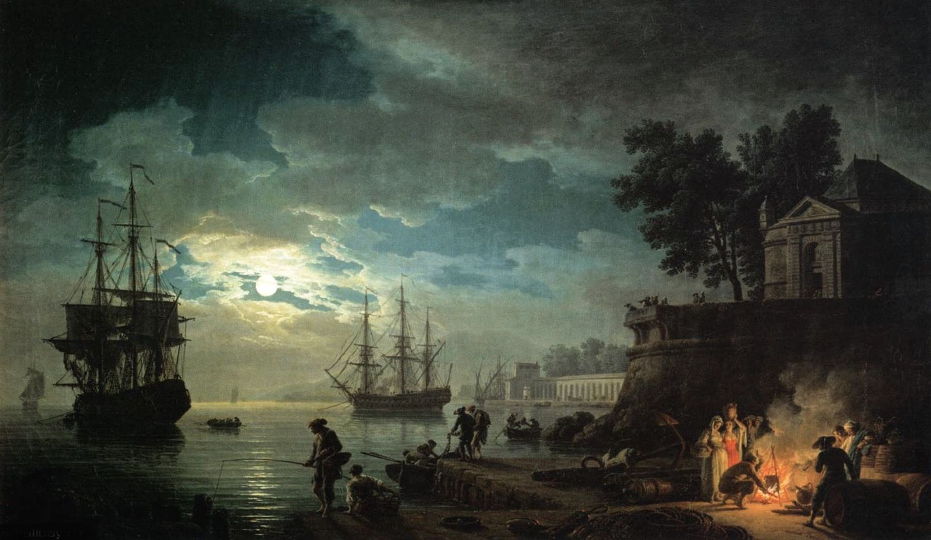 Night A Port in the Moonlight by Claude-Joseph Vernet