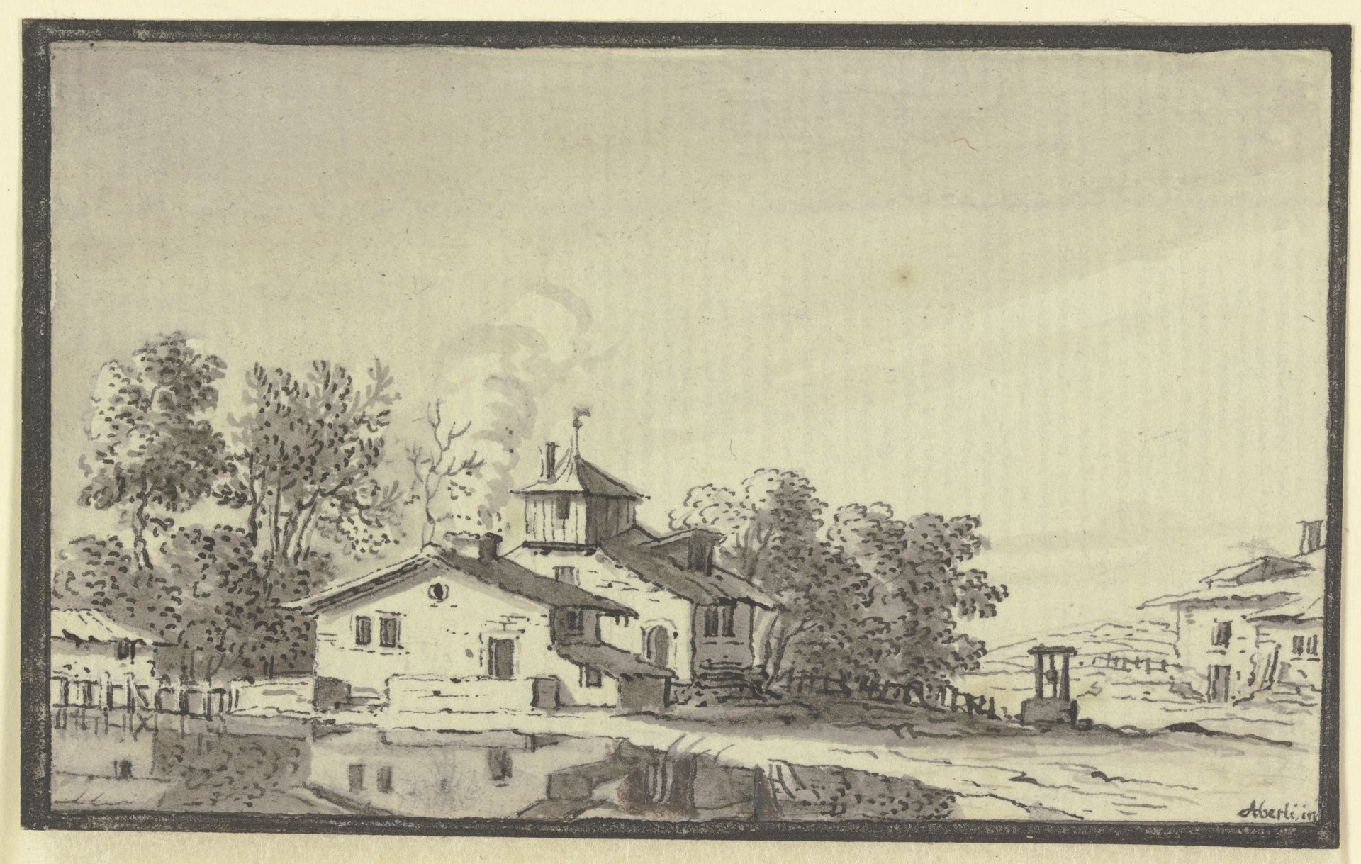 Bauernhof, von Bäumen umgeben, am Ufer eines Teiches by Johann Ludwig Aberli