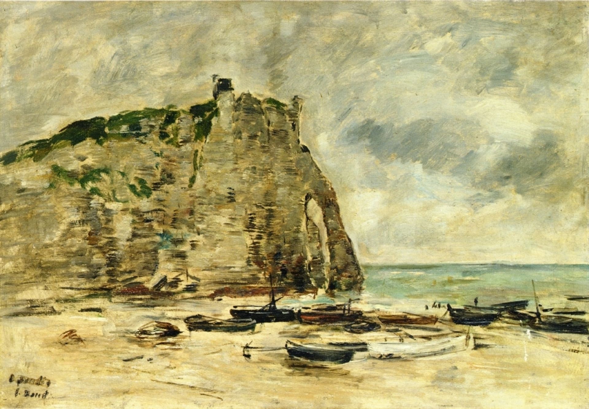 Etretat, Beached Boats and the Cliff of Aval by Eugène Boudin