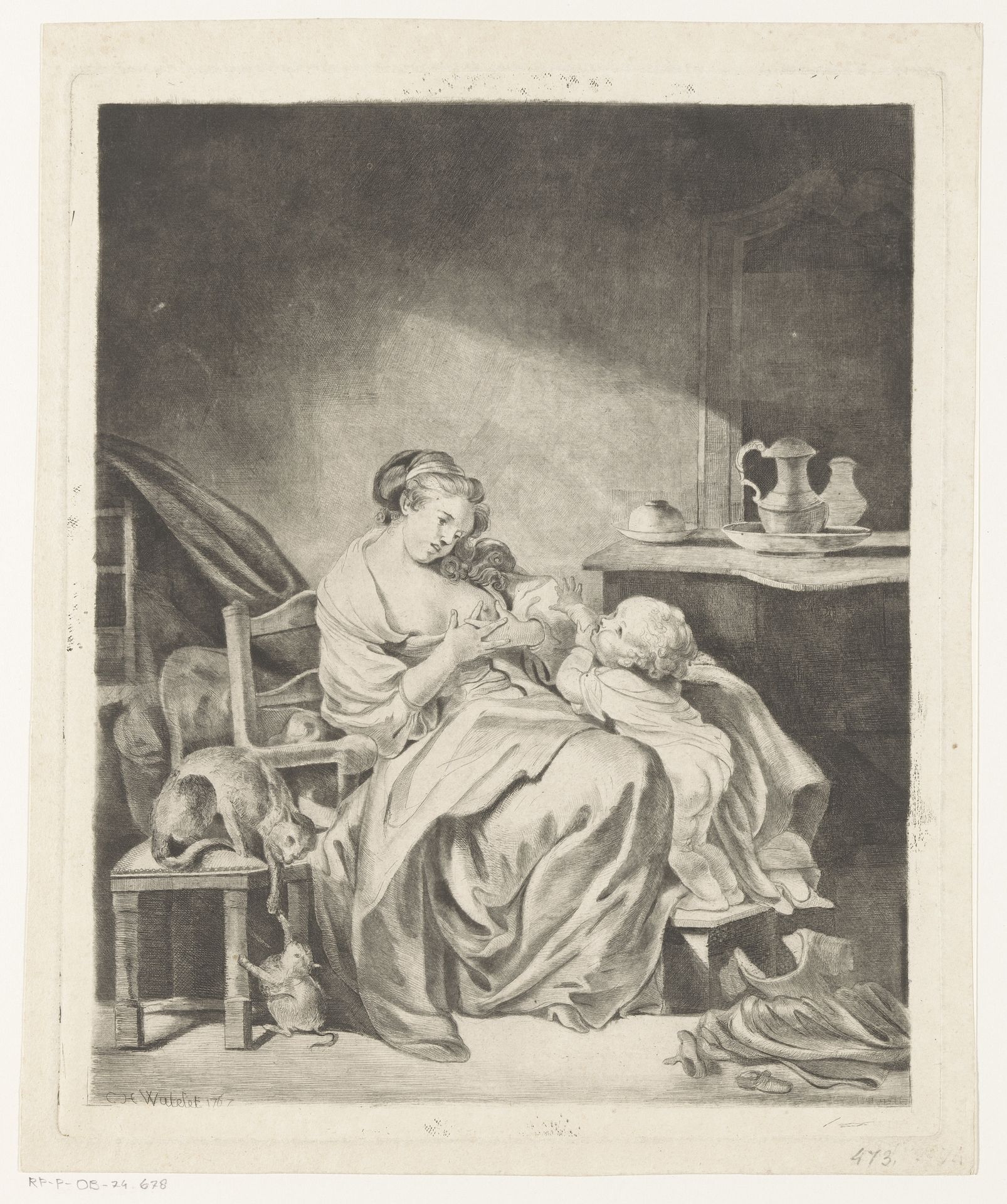 Interieur met een zittende vrouw die haar kind voedt by Claude Henri Watelet
