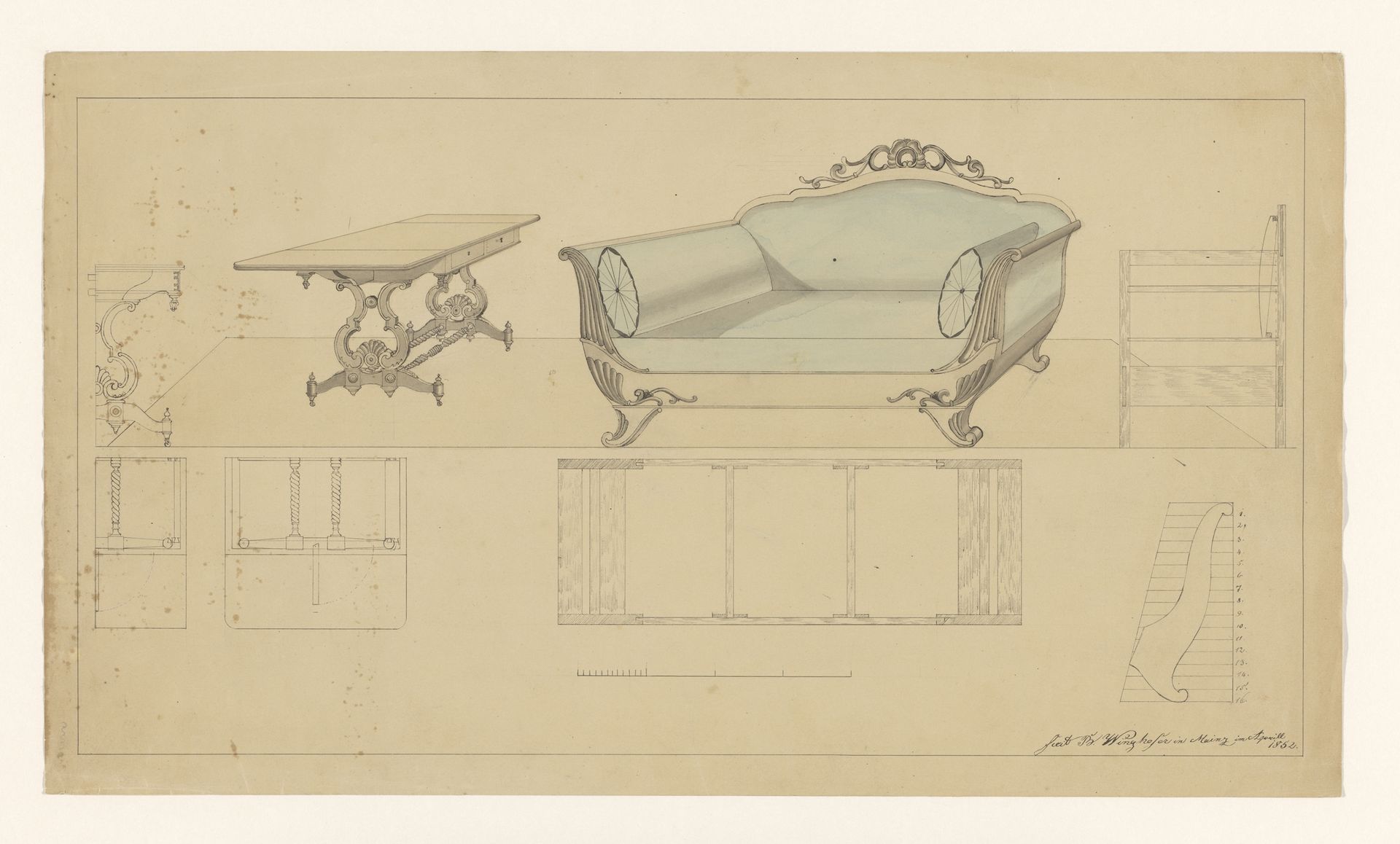 Ontwerp voor een klaptafel en een canapé, beide met zijaanzicht en plattegronden, en detail van een leuning van de canapé by B. Winghofer