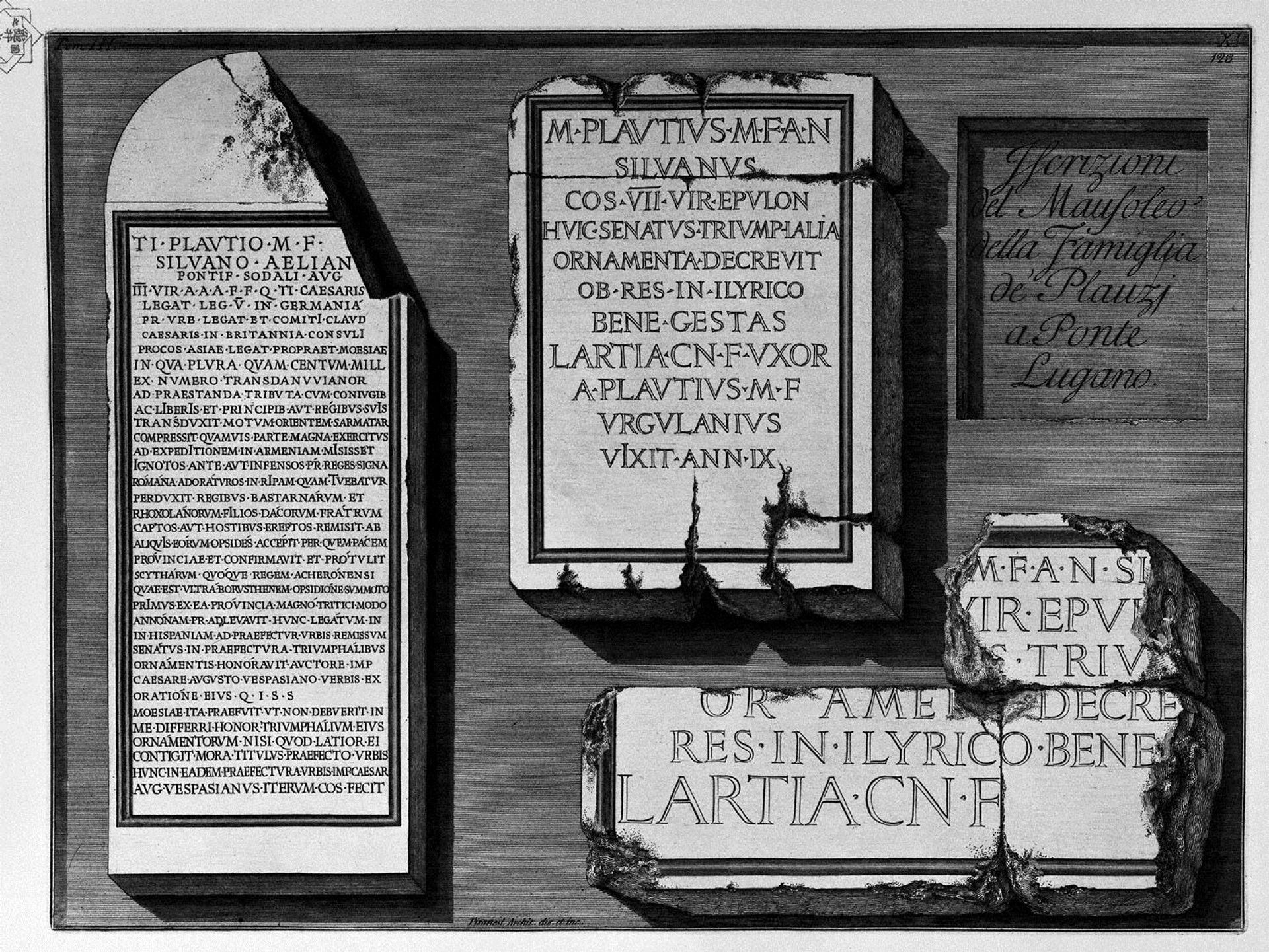 The Roman antiquities, t. 3, Plate XI. Membership of the Mausoleum of the Family in Ponte de Plauzij Lugano. by Giovanni Battista Piranesi