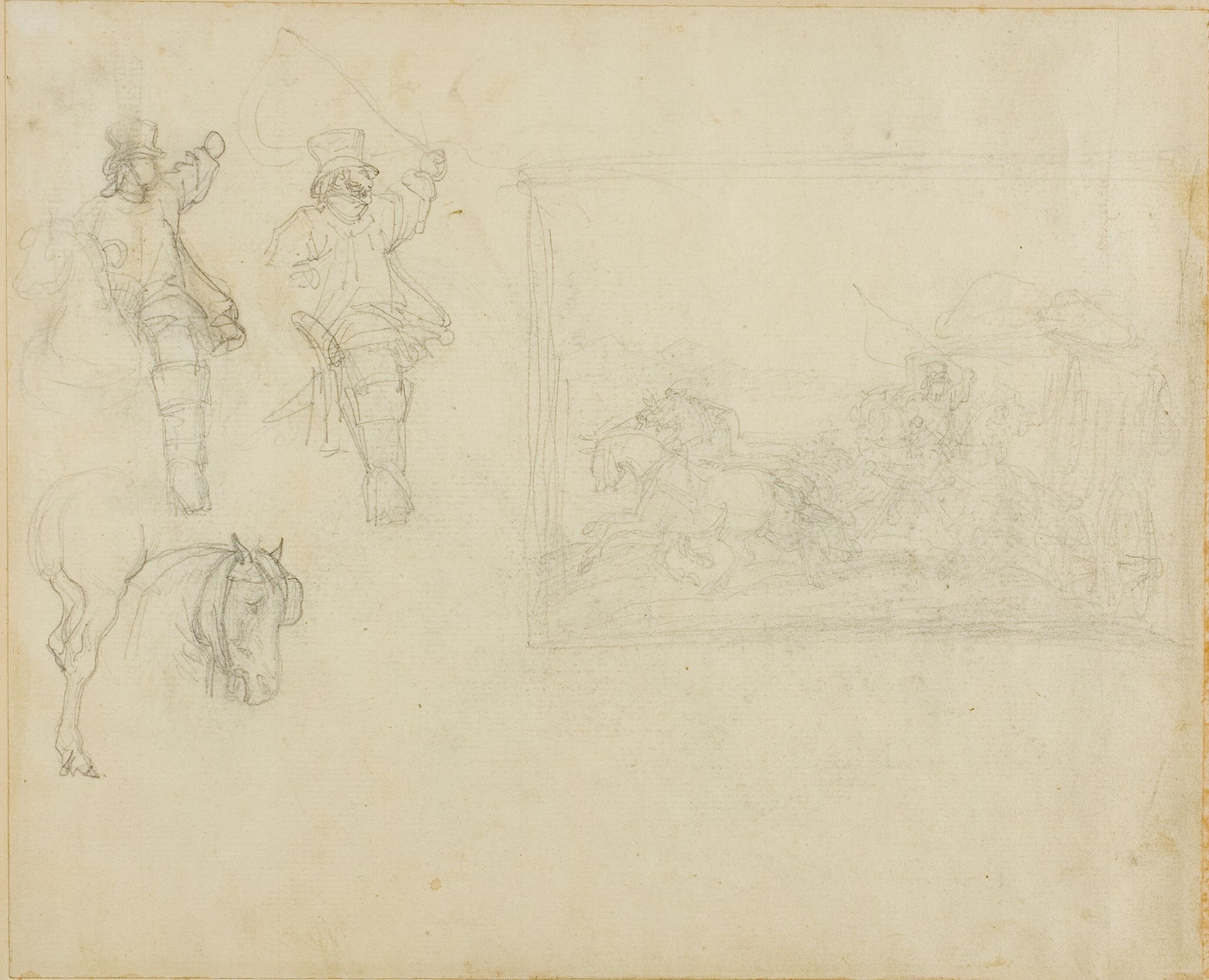 Sketches of Postillions and a Stagecoach by Théodore Géricault