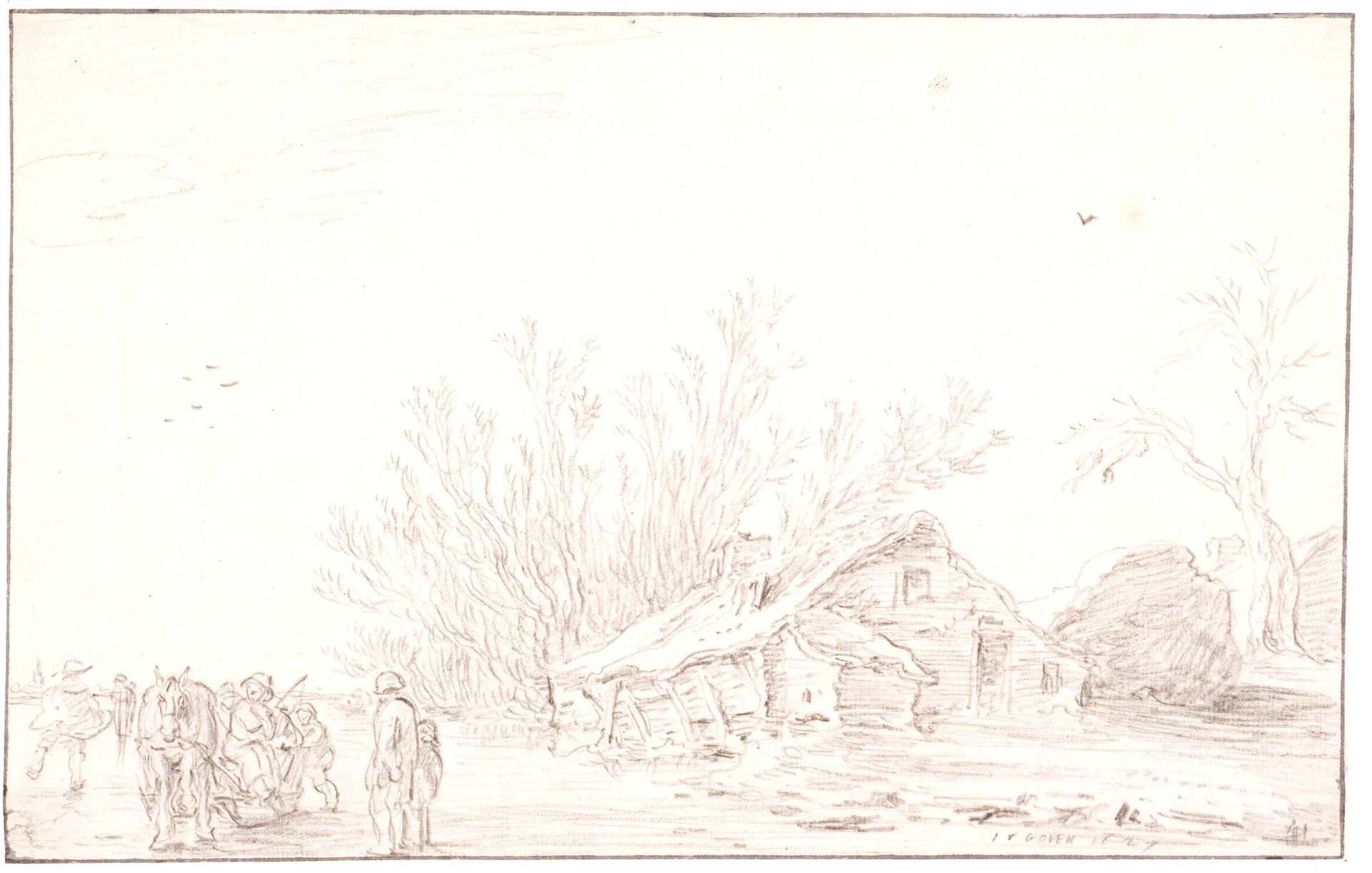 Vinterlandskab med skøjteløbere og bondehus by Jan van Goyen