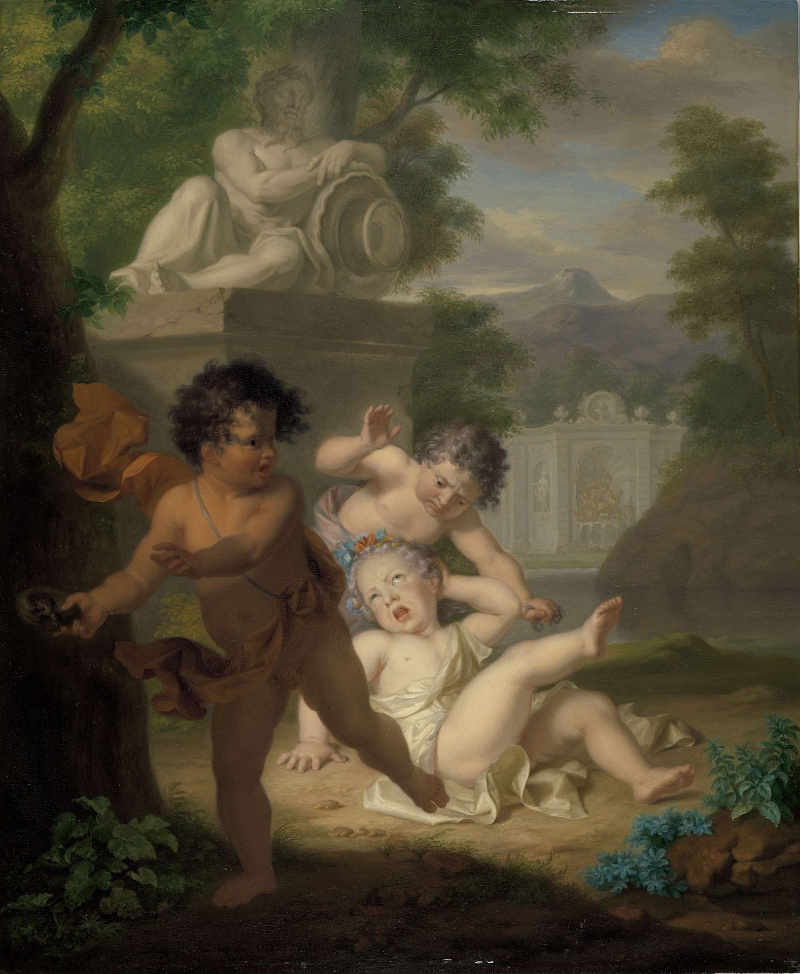 Drie kinderen ruziënd om een vogelnestje by Isaac Walraven