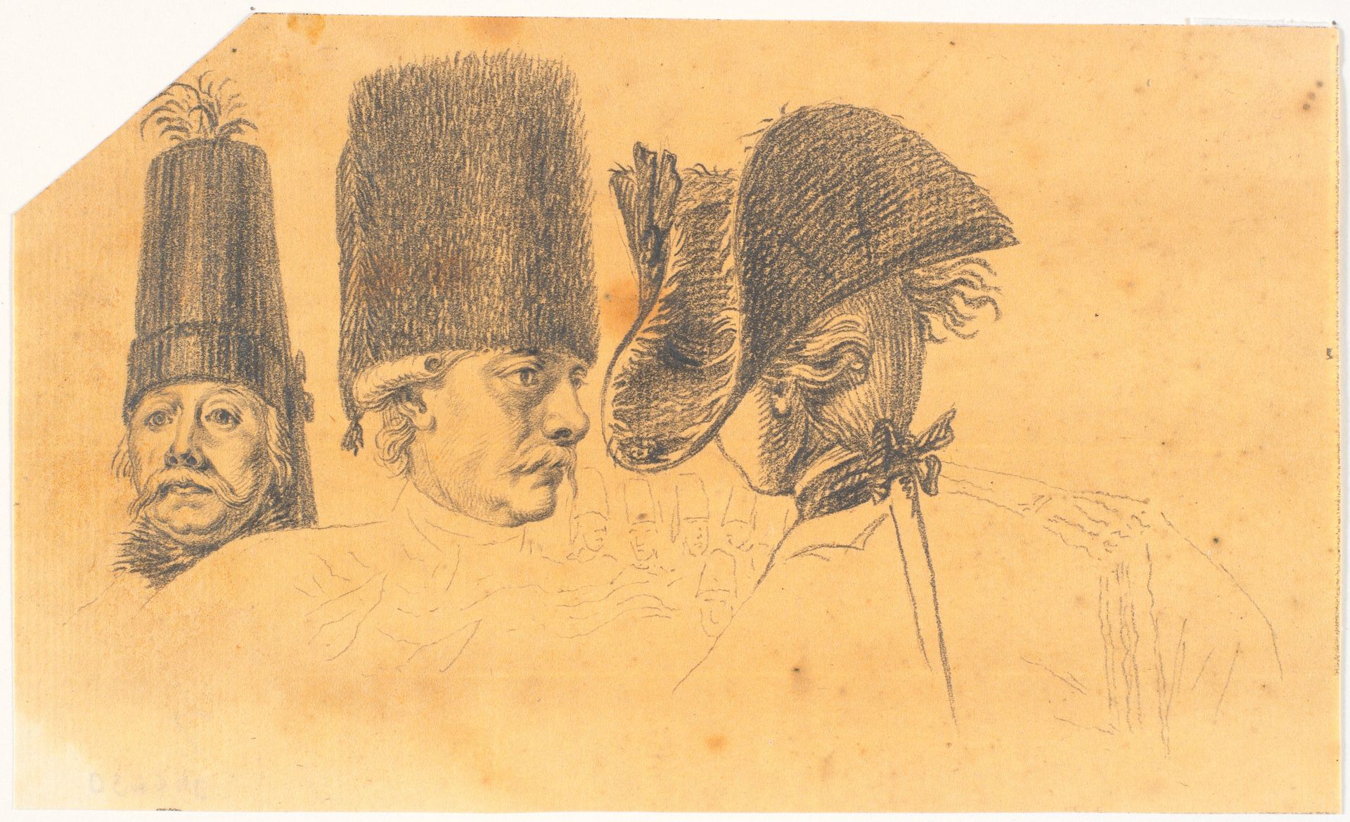 Forarbejde til tre af hovederne til stikket: Frederik d. Store rider hjem efter en revy ved Potsdam by J.F. Clemens